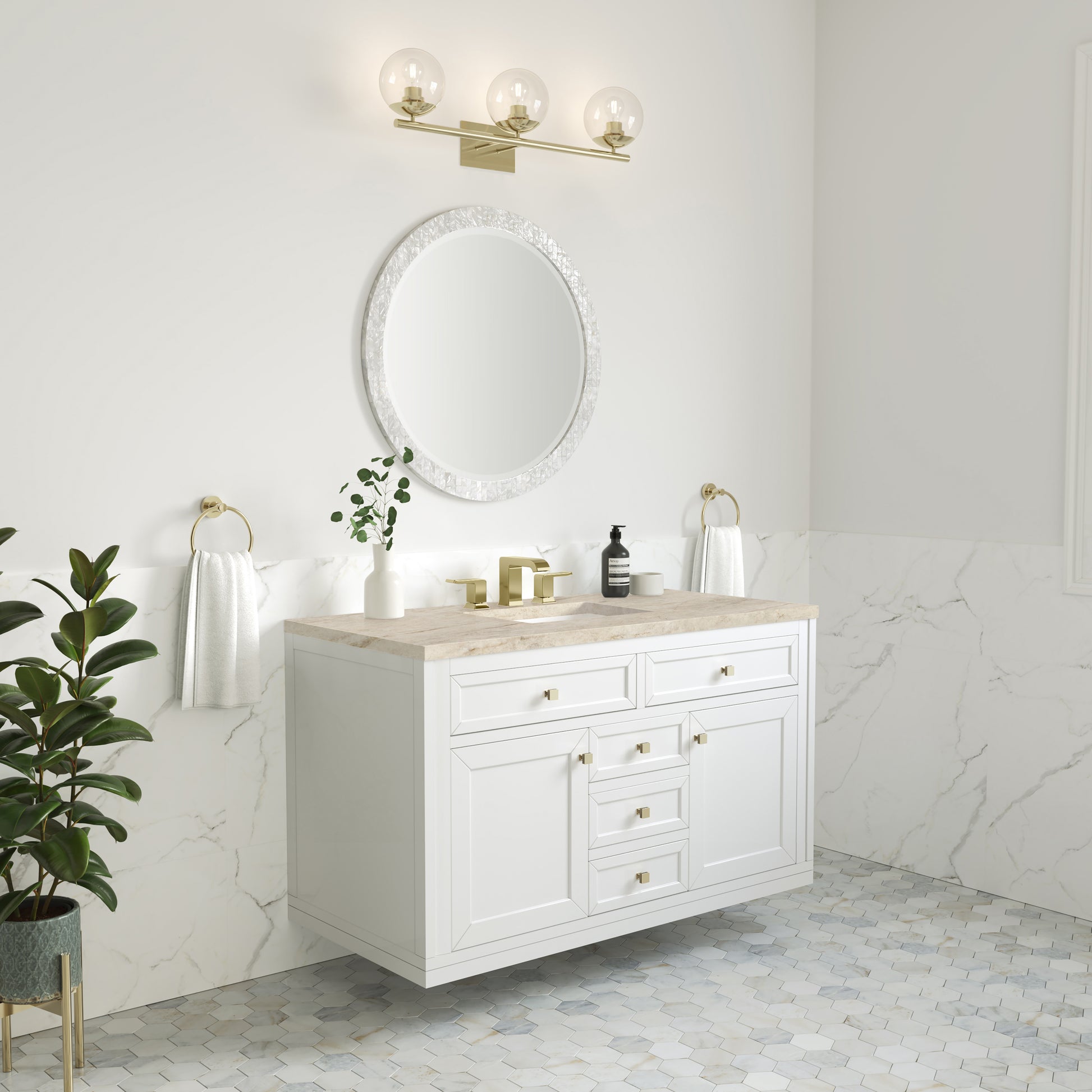 Renovate for Less Atlanta Chicago 48" Single Vanity, Glossy White, w/ 3 CM Tajnar Eclos Top w/FreePower Wireless Charger