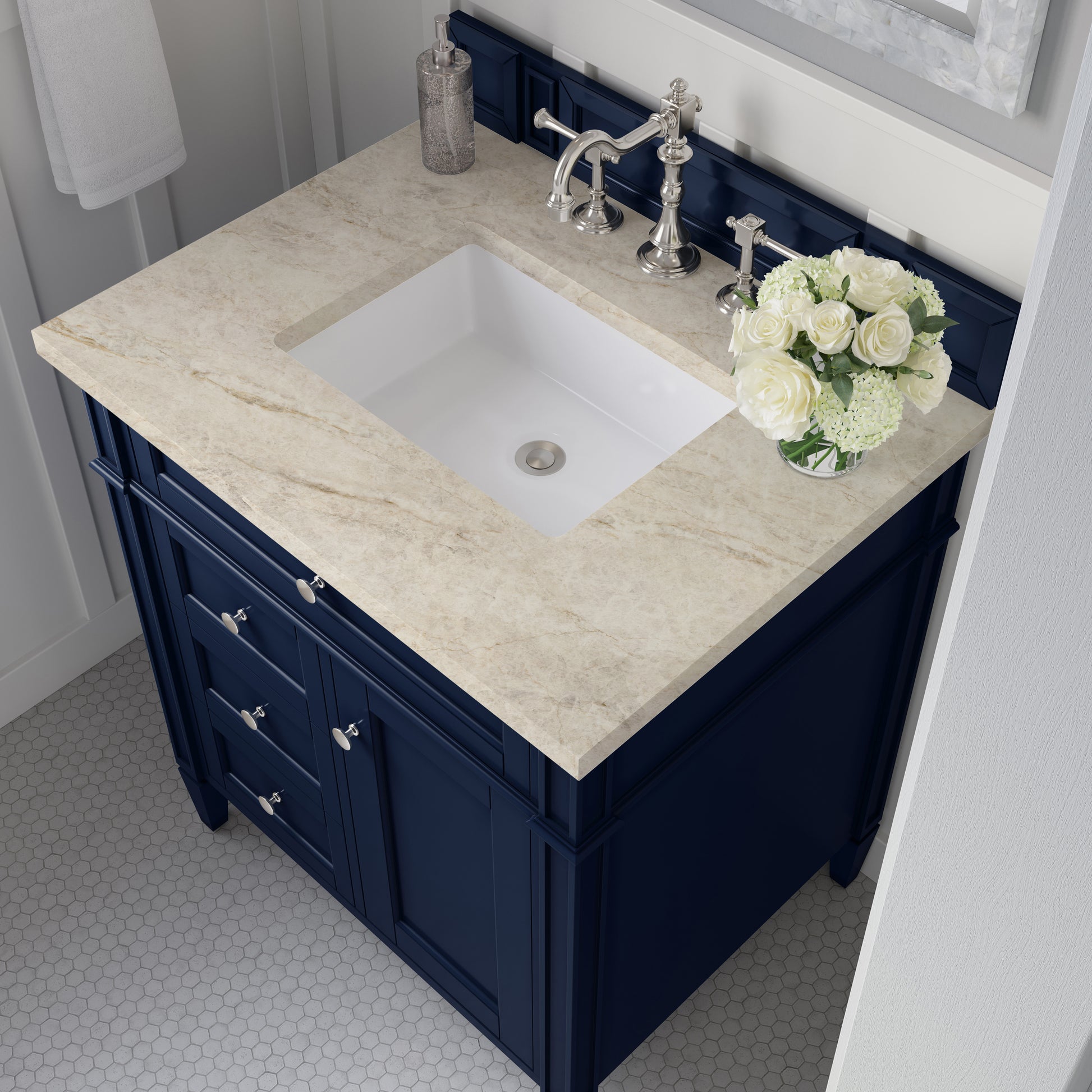 Renovate for Less Atlanta Brittany 30" Single Vanity, Victory Blue, w/ 3 CM Tajnar Eclos Top