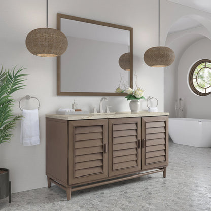 Portland 60" Single Vanity, Whitewashed Walnut, w/ 3 CM Tajnar Eclos Top w/FreePower Wireless Charger