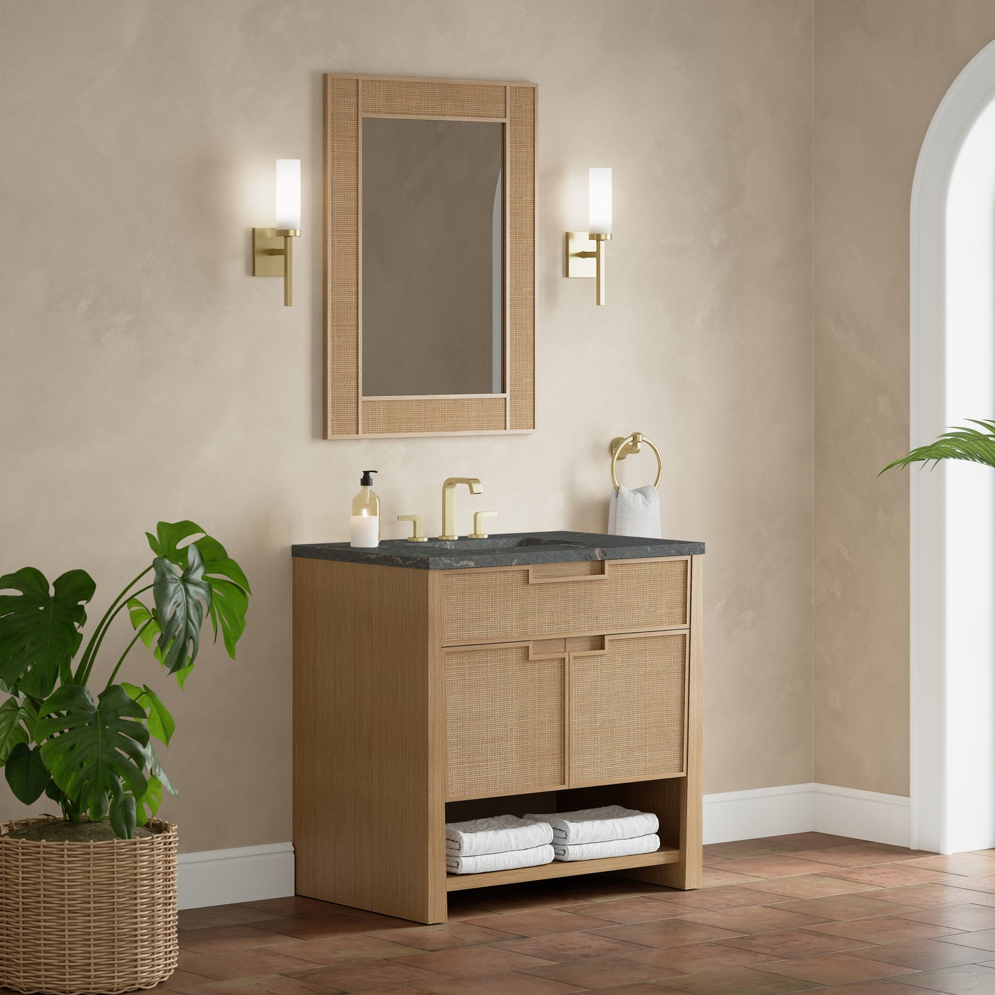 Renovate for Less Atlanta Solene 36" Single Vanity, Seaside Oak, w/ 3 CM Parisien Bleu Quartz Top