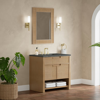 Renovate for Less Atlanta Solene 36" Single Vanity, Seaside Oak, w/ 3 CM Parisien Bleu Quartz Top