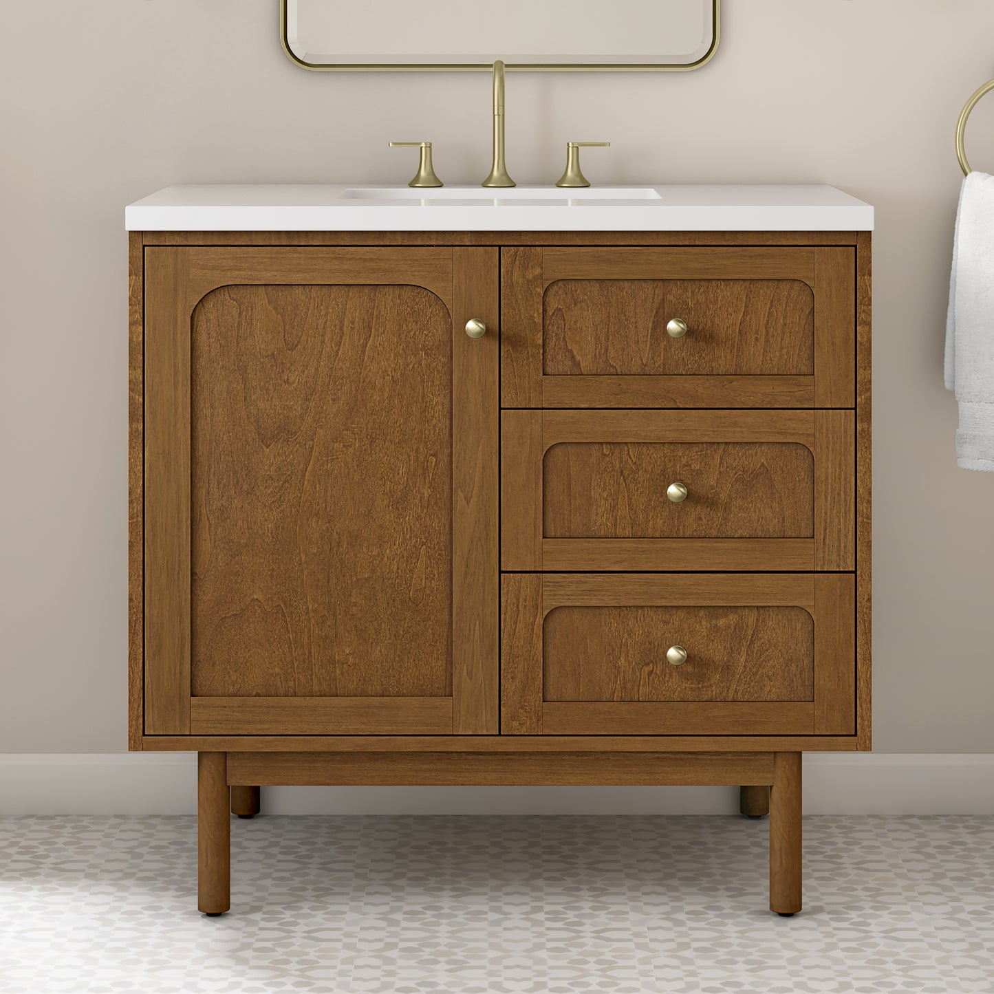 Renovate for Less Atlanta Laurent 36" Single Vanity, Honey Oak w/ 3 CM White Zeus Silestone Top