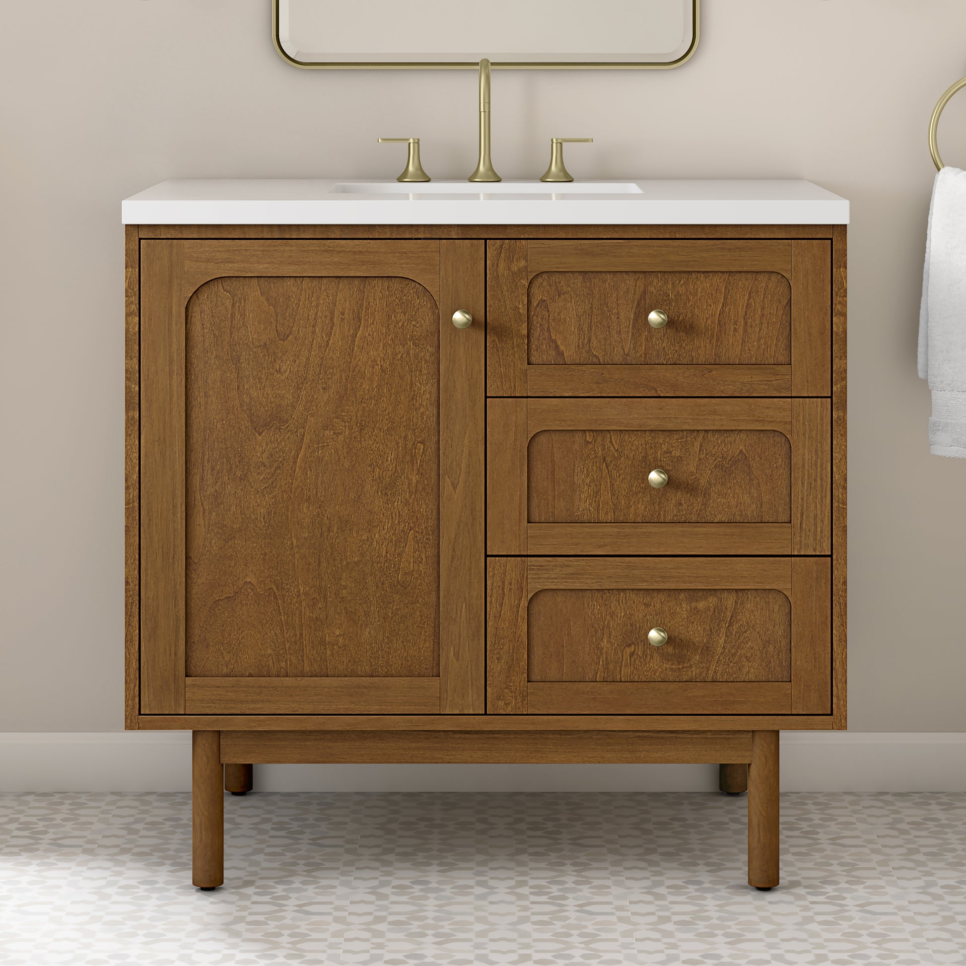 Renovate for Less Atlanta Laurent 36" Single Vanity, Honey Oak w/ 3 CM White Zeus Silestone Top