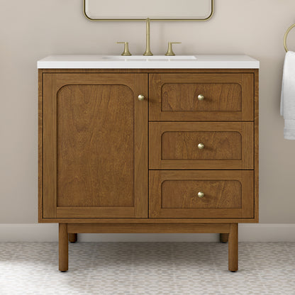 Renovate for Less Atlanta Laurent 36" Single Vanity, Honey Oak w/ 3 CM White Zeus Silestone Top