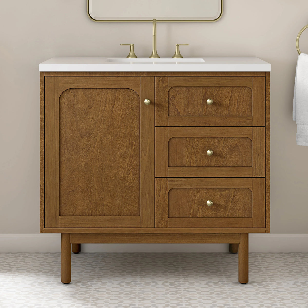 Laurent 36" Single Vanity, Honey Oak w/ 3 CM White Zeus Silestone Top