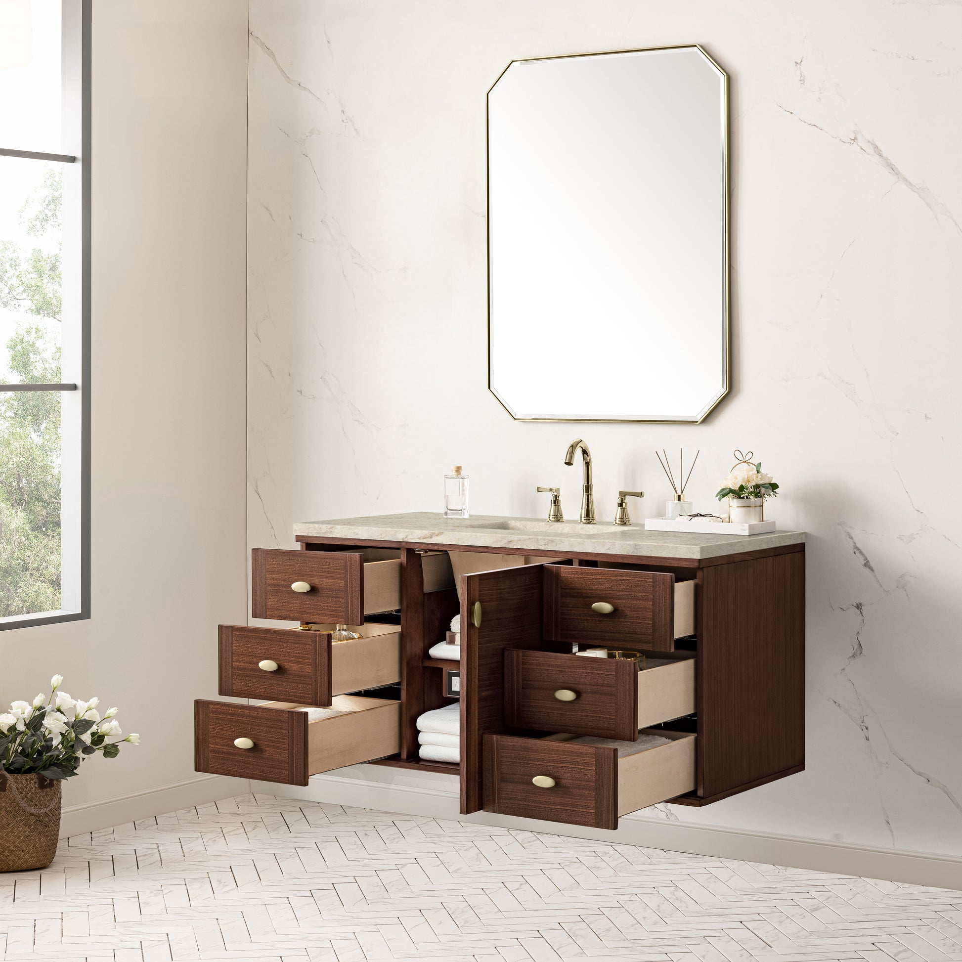 Renovate for Less Atlanta Amberly 48" Single Vanity, Mid-Century Walnut, w/ 3 CM Tajnar Eclos Top w/FreePower Wireless Charger