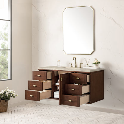 Renovate for Less Atlanta Amberly 48" Single Vanity, Mid-Century Walnut, w/ 3 CM Tajnar Eclos Top w/FreePower Wireless Charger