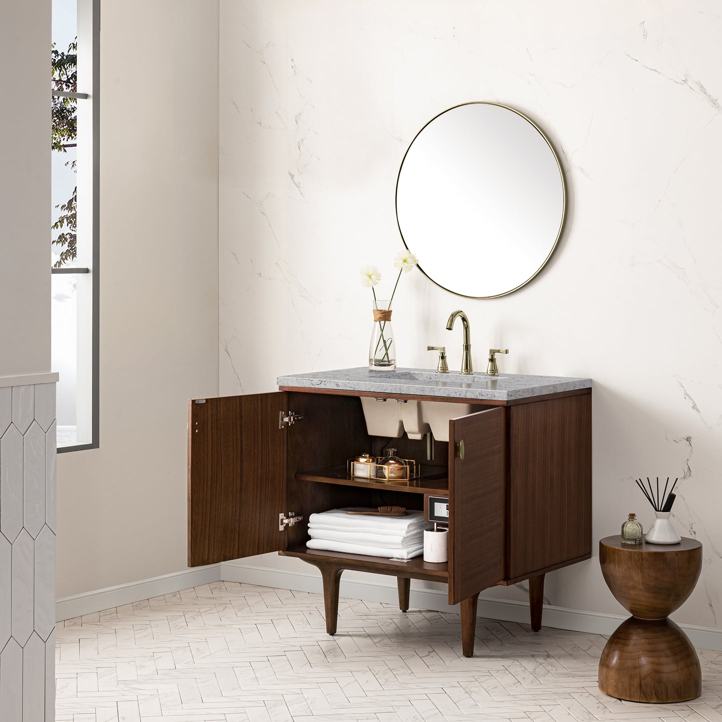 Renovate for Less Atlanta Amberly 36" Single Vanity, Mid-Century Walnut w/ 3 CM Eternal Jasmine Pearl Top
