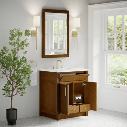 Renovate for Less Atlanta Bellshire 30" Single Vanity, Honey Oak w/ 3 CM White Zeus Silestone Top