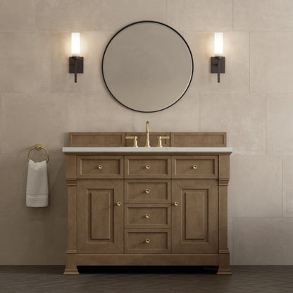 Renovate for Less Atlanta Brookfield 48" Single Vanity, Pecan, w/ 3 CM Siberian Silestone Top w/FreePower Wireless Charger