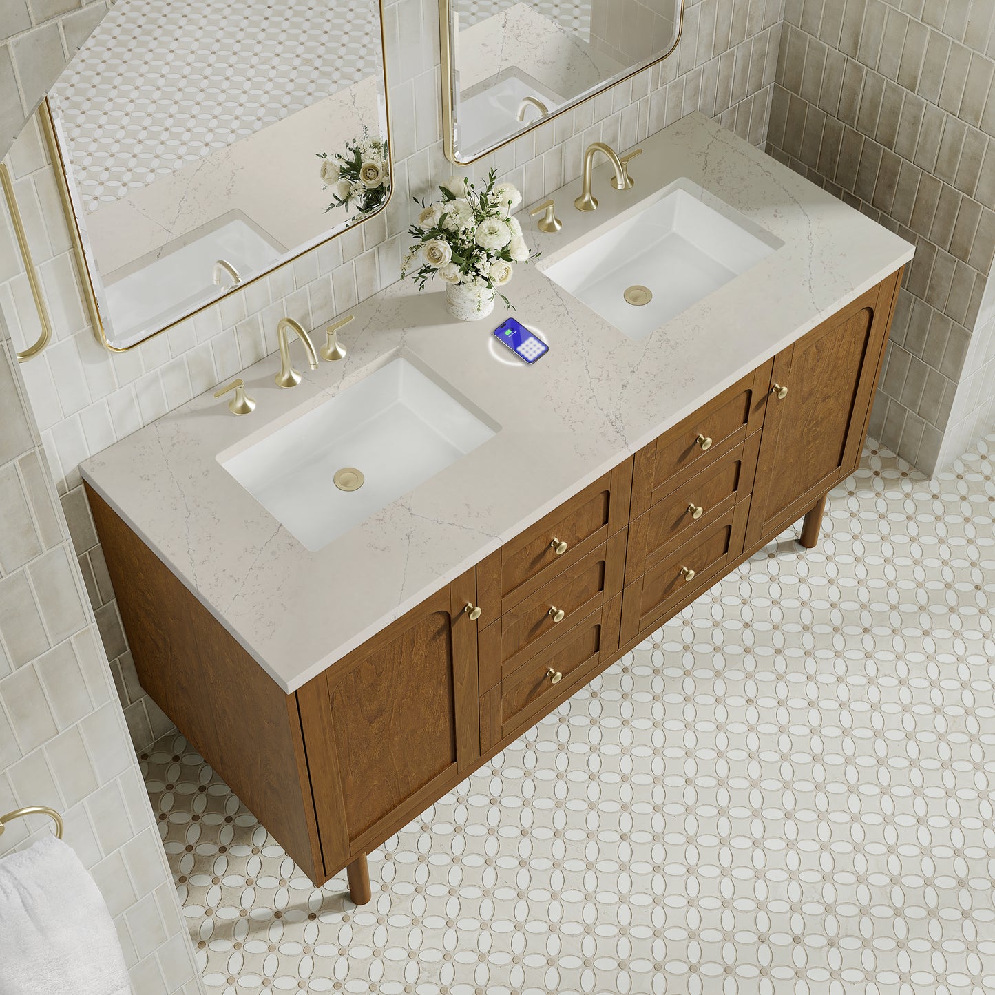 Renovate for Less Atlanta Laurent 60" Double Vanity, Honey Oak w/ 3 CM Siberian Silestone Top w/FreePower Wireless Charger