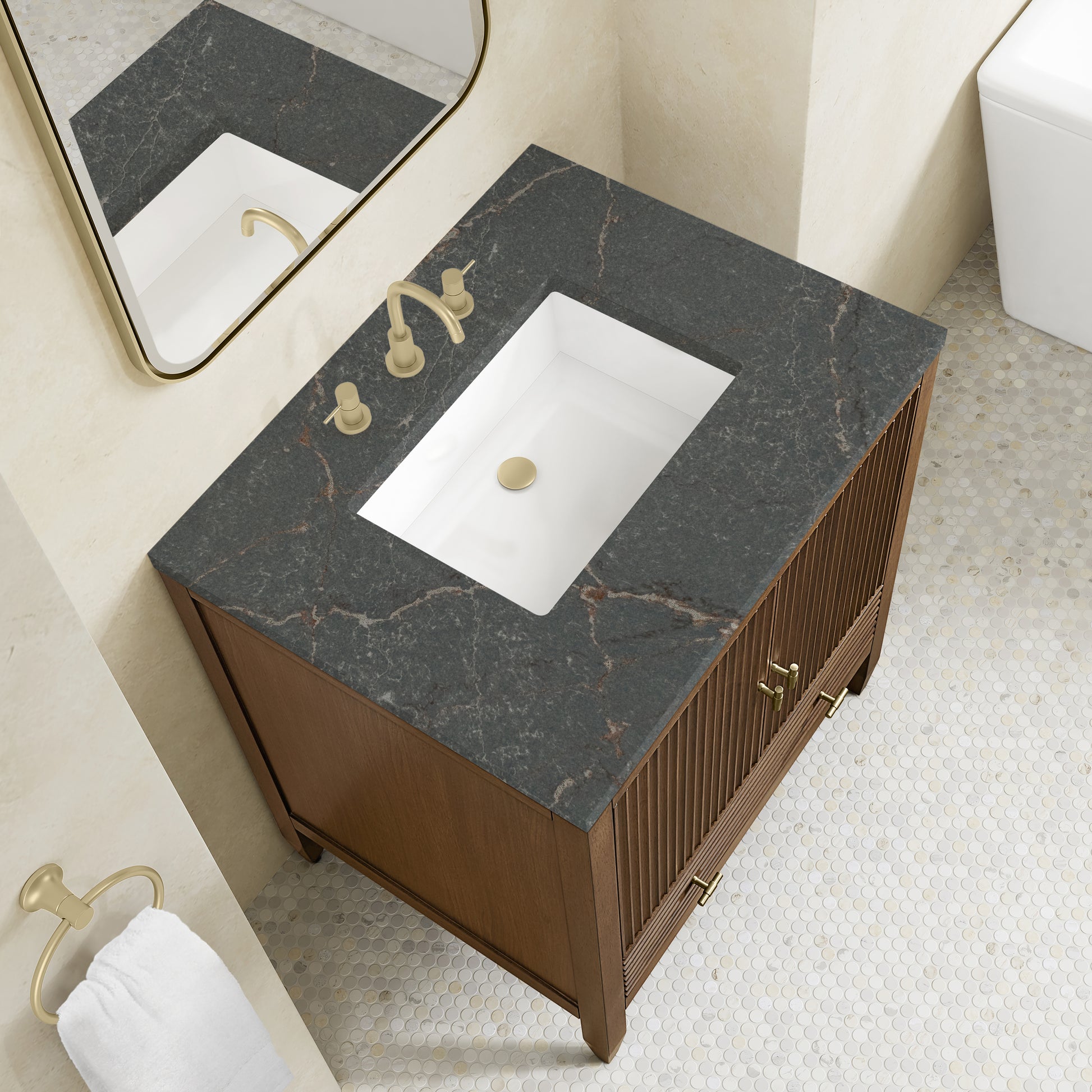 Renovate for Less Atlanta Myrrin 30" Single Vanity, Mid-Century Walnut w/ 3 CM Parisien Bleu Silestone Top