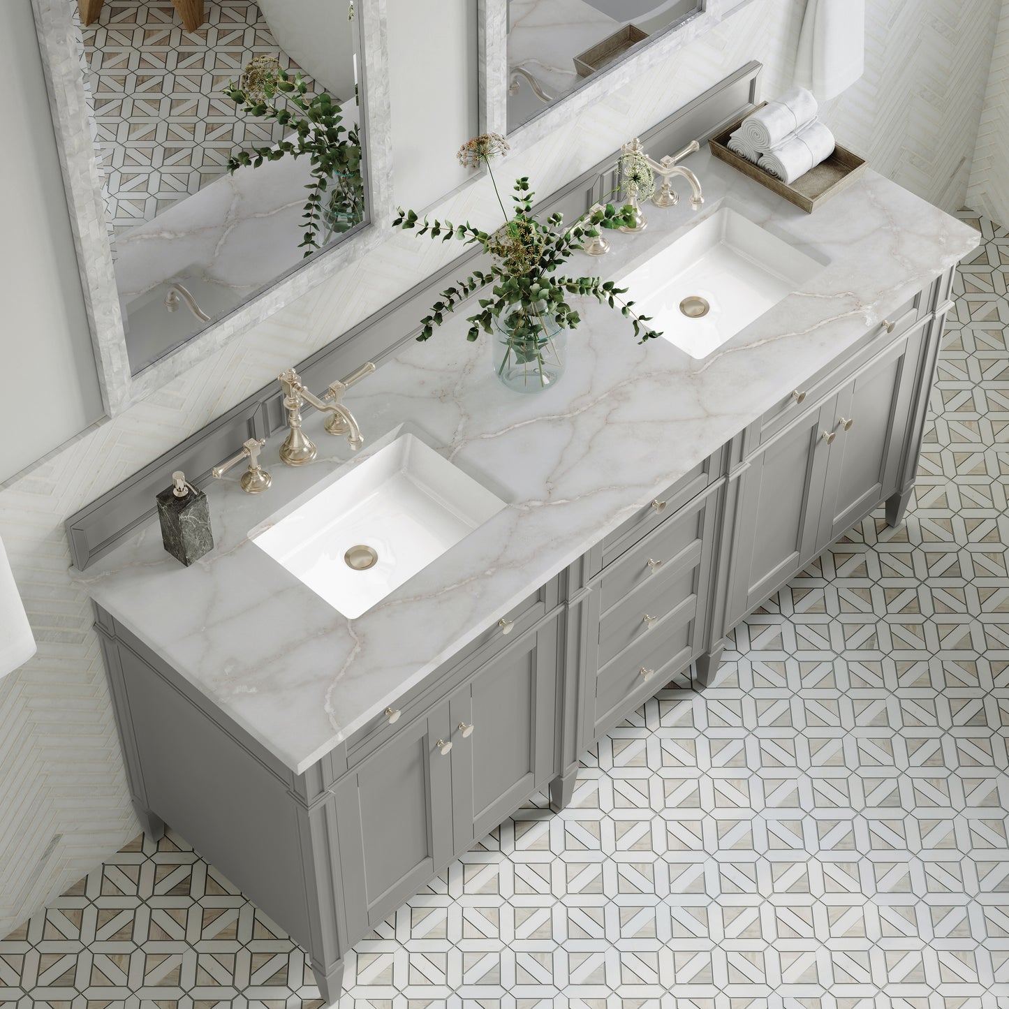 Renovate for Less Atlanta Brittany 72" Double Vanity, Urban Gray w/ 3 CM Victorian Silver Silestone Top