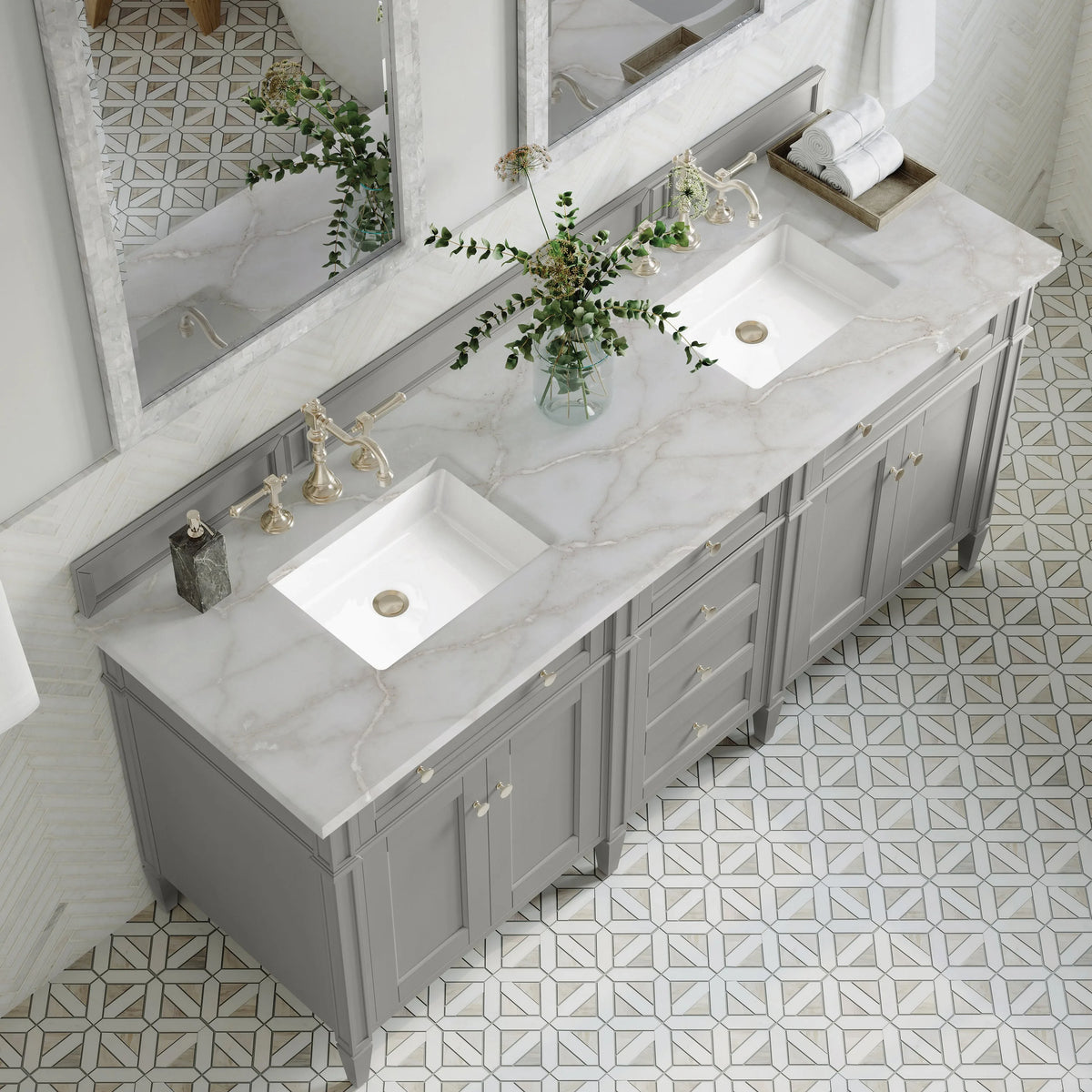 Brittany 72" Double Vanity, Urban Gray w/ 3 CM Victorian Silver Silestone Top