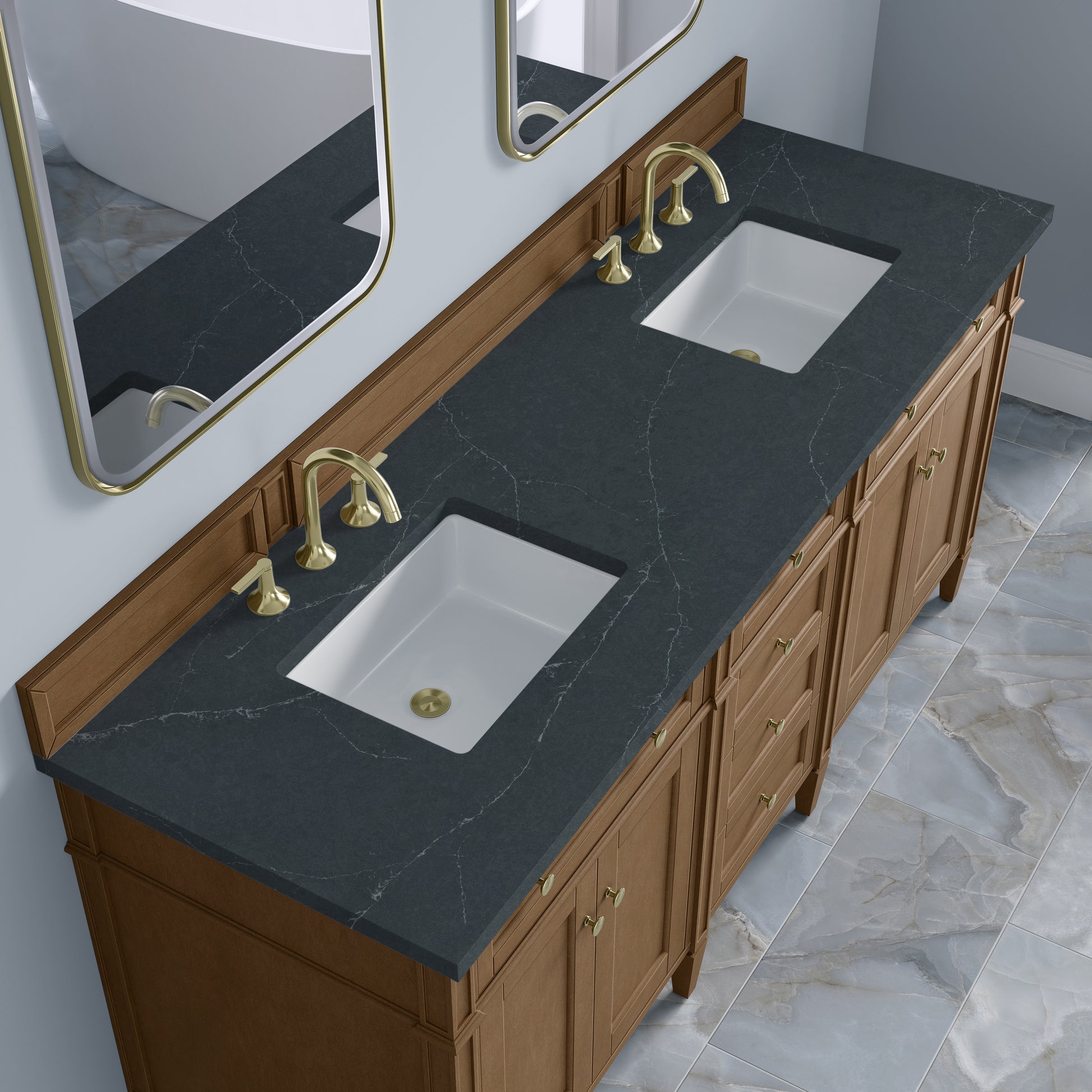 Renovate for Less Atlanta Brittany 72" Double Vanity, Pecan w/ 3 CM Charcoal Soapstone Silestone Top