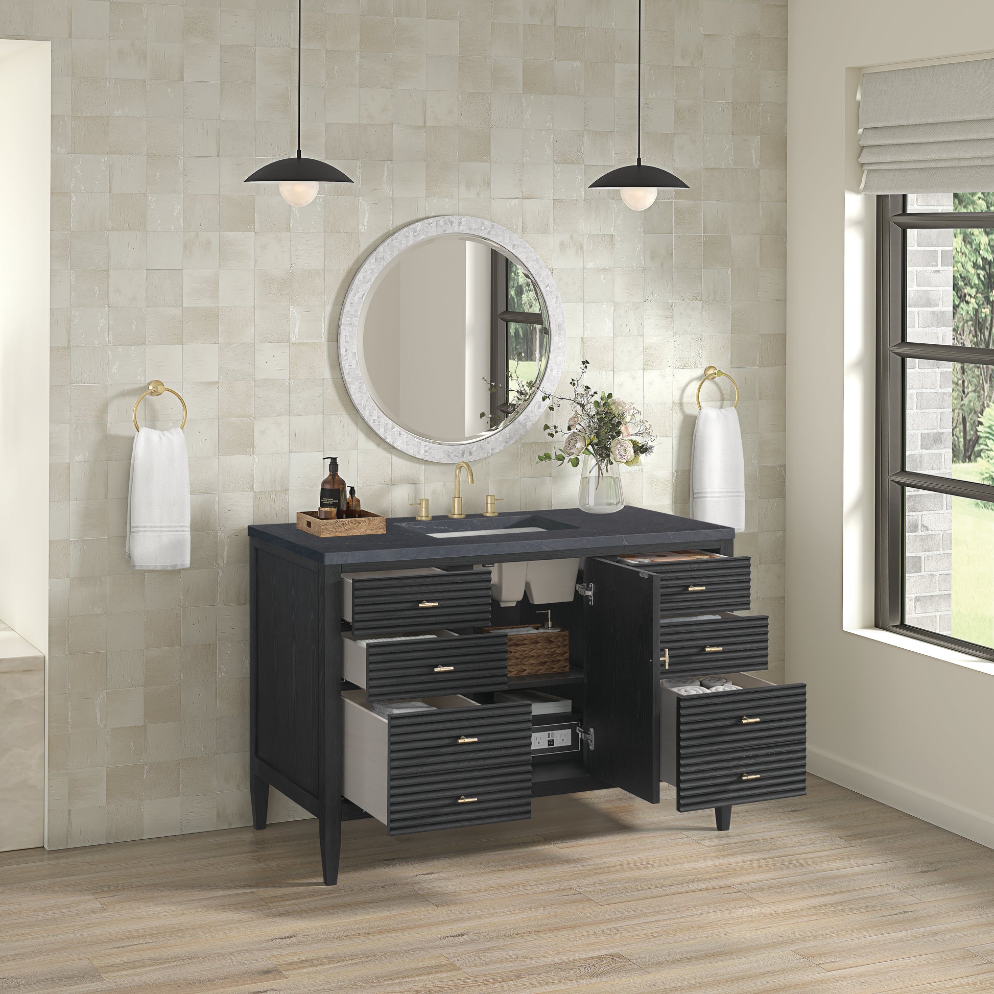 Renovate for Less Atlanta Myrrin 48" Single Vanity, Carbon Oak w/ 3 CM Charcoal Soapstone Silestone Top