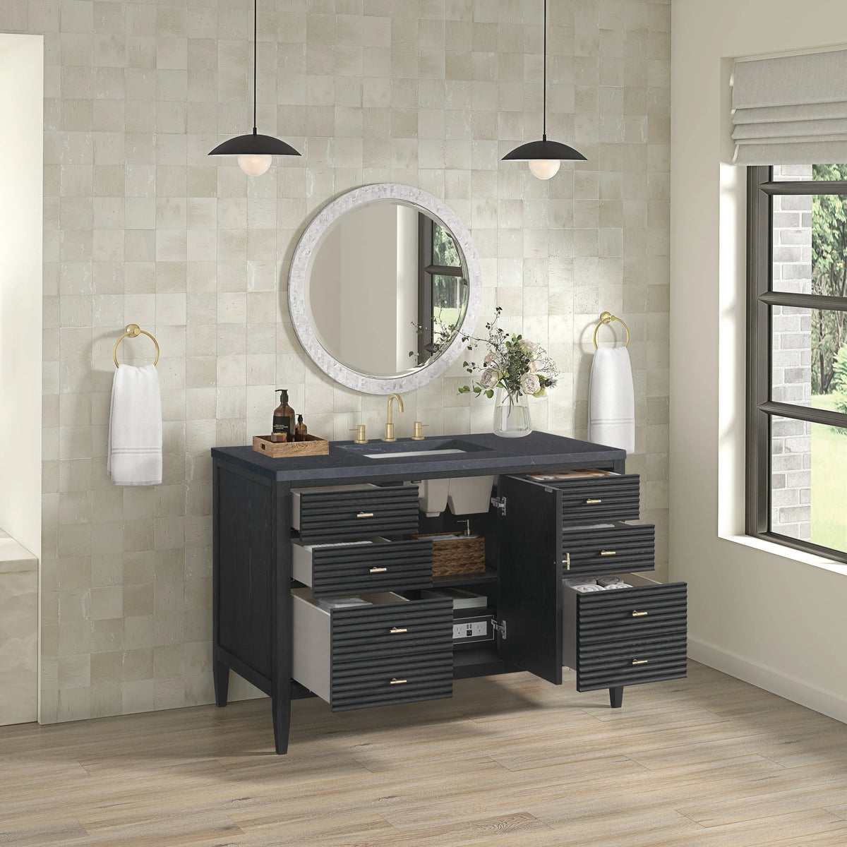 Myrrin 48" Single Vanity, Carbon Oak w/ 3 CM Charcoal Soapstone Silestone Top