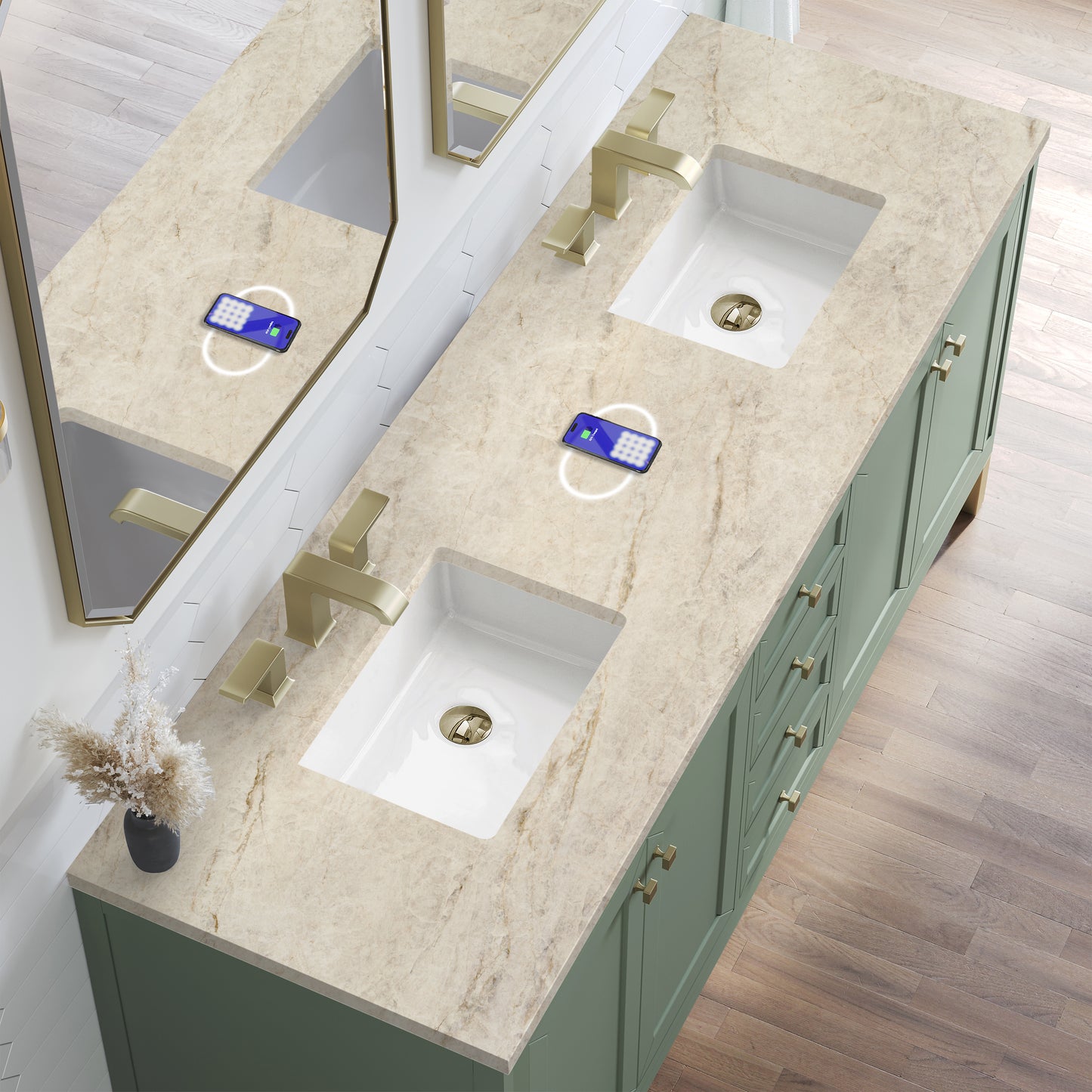 Renovate for Less Atlanta Chicago 72" Double Vanity, Smokey Celadon, w/ 3 CM Tajnar Eclos Top w/FreePower Wireless Charger