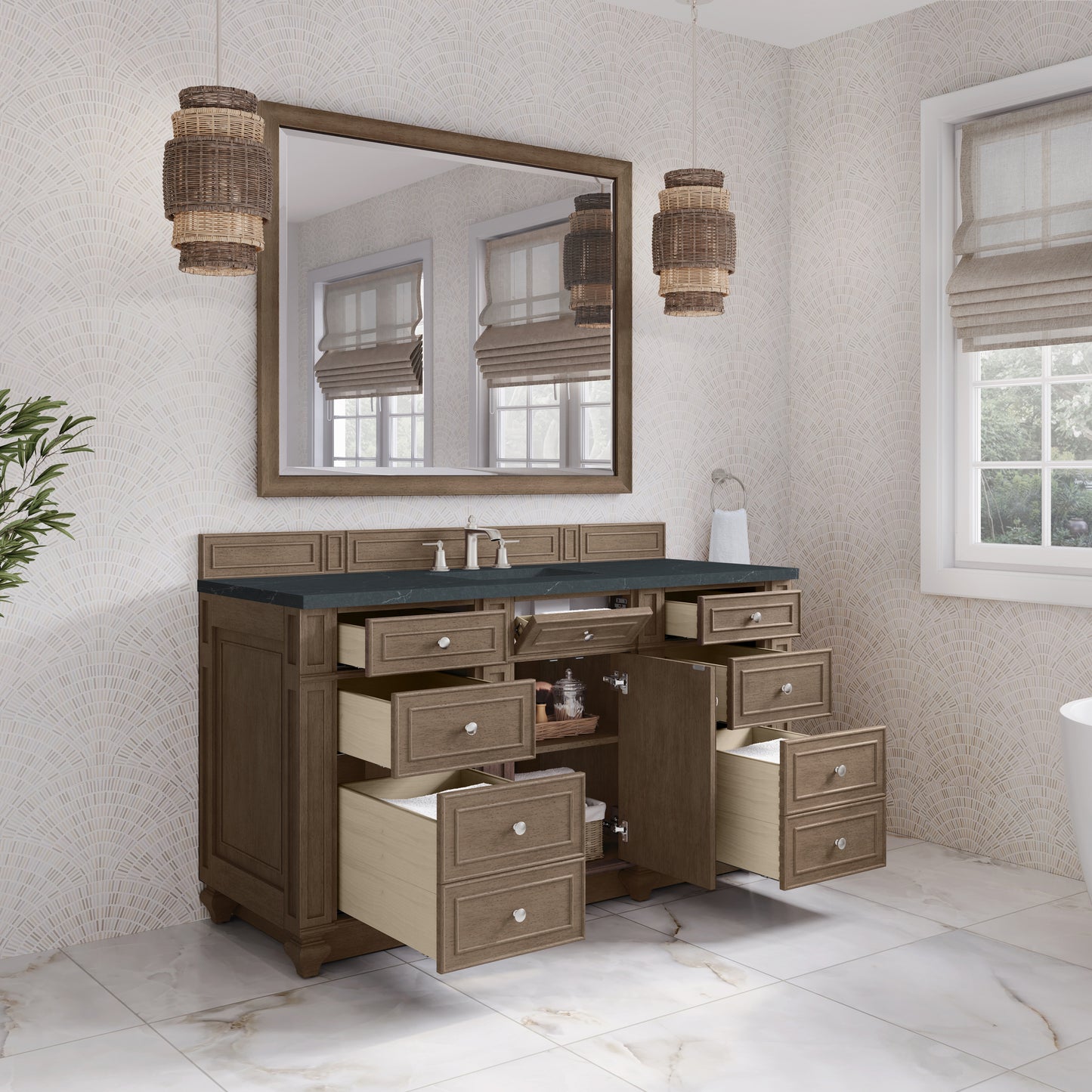 Renovate for Less Atlanta Bristol 60" Single Vanity, Whitewashed Walnut w/ 3 CM Charcoal Soapstone Silestone Top