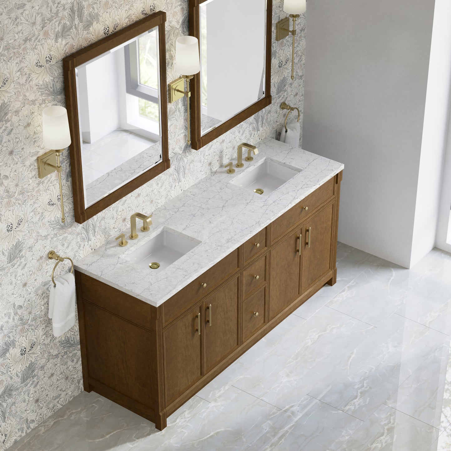 Renovate for Less Atlanta Bellshire 72" Double Vanity, Honey Oak w/ 3 CM Eternal Jasmine Pearl Silestone Top