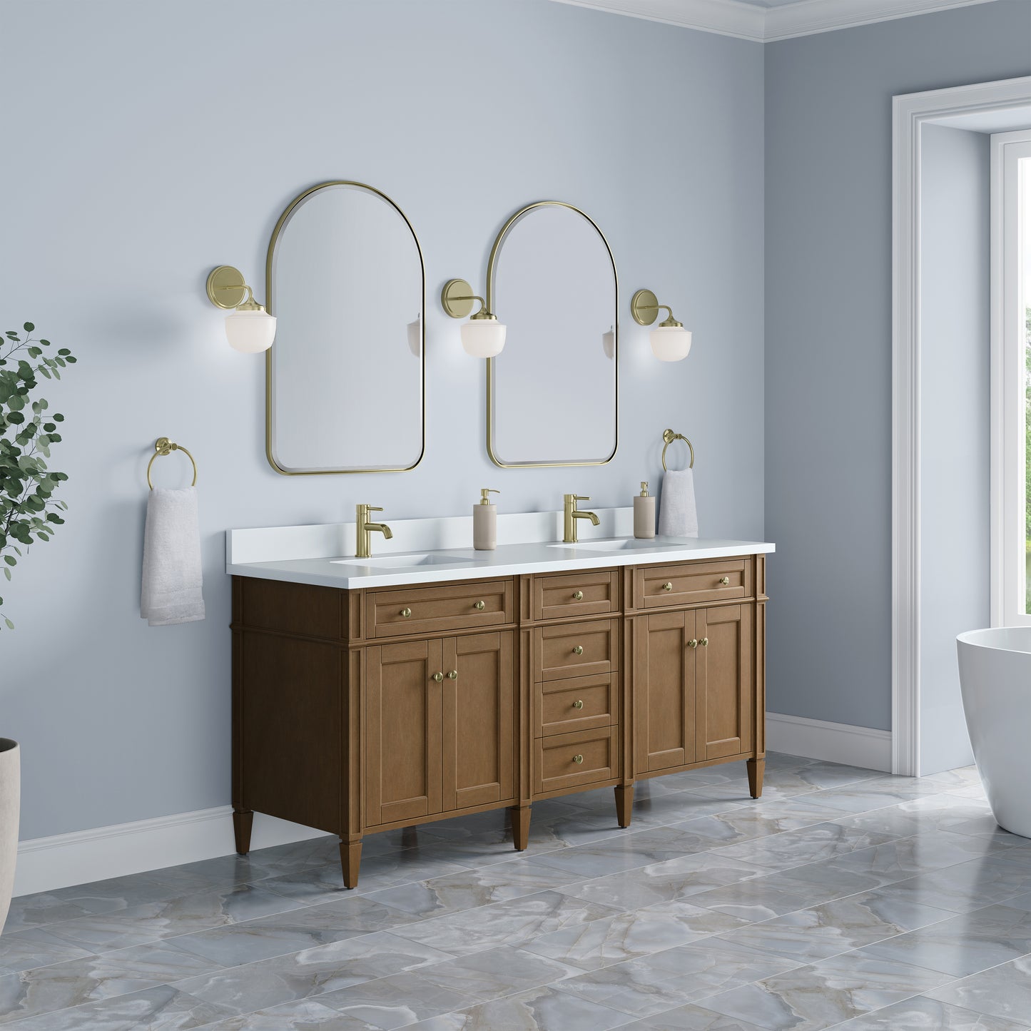 Renovate for Less Atlanta Brittany 72" Double Vanity, Pecan w/ Single Hole 3 CM White Zeus Silestone Top and Matching Backsplash