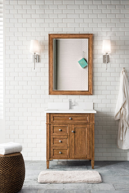 Renovate for Less Atlanta Brittany 30" Single Vanity, Saddle Brown, w/ Single Hole 3 CM White Zeus Silestone Top & Backsplash