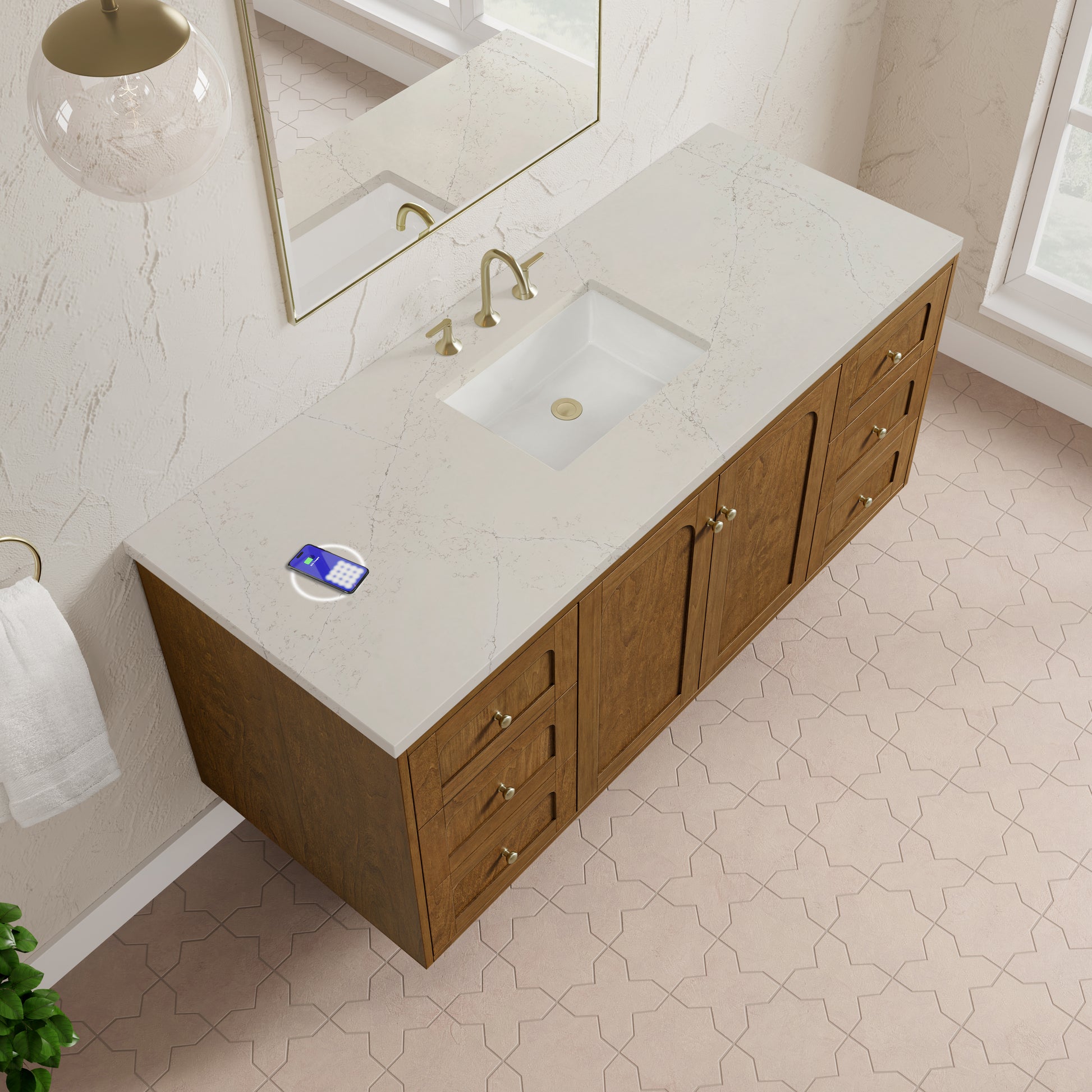 Renovate for Less Atlanta Laurent 60" Single Vanity, Honey Oak w/ 3 CM Siberian Silestone Top w/FreePower Wireless Charger