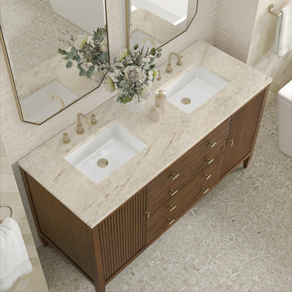Renovate for Less Atlanta Myrrin 60" Double Vanity, Mid Century Walnut, w/ 3 CM Tajnar Eclos Top