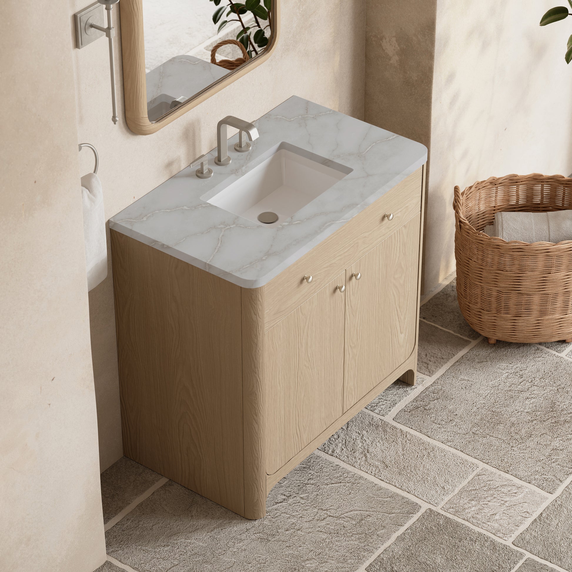 Renovate for Less Atlanta Gracyn 36" Single Vanity, Coastal Driftwood, w/ 3 CM Victorian Silver Quartz Widespread Top