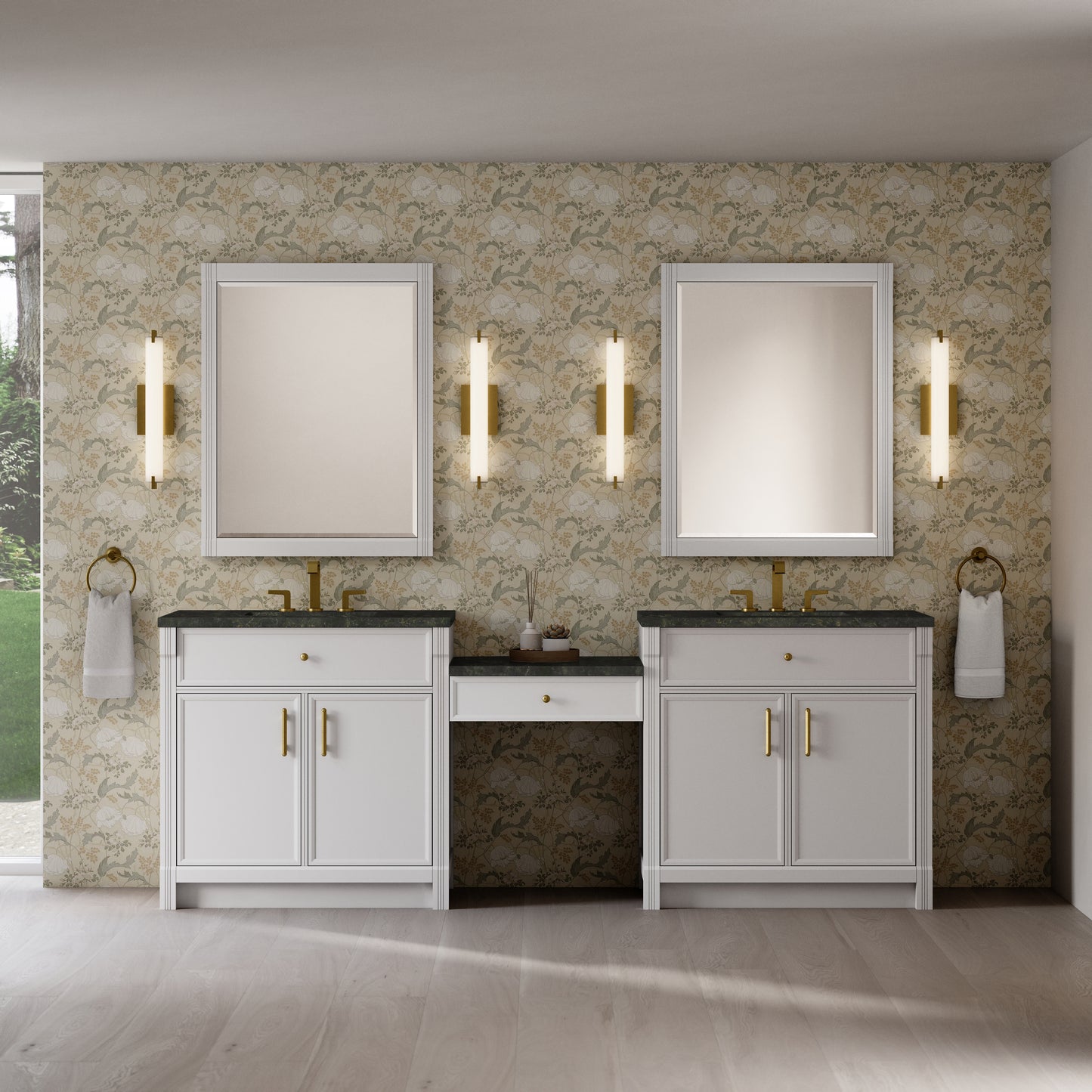 Renovate for Less Atlanta Bellshire 96" Dual Vanity Set with 24" Make-Up Counter, Bright White w/3 cm Phantome Eclos Top