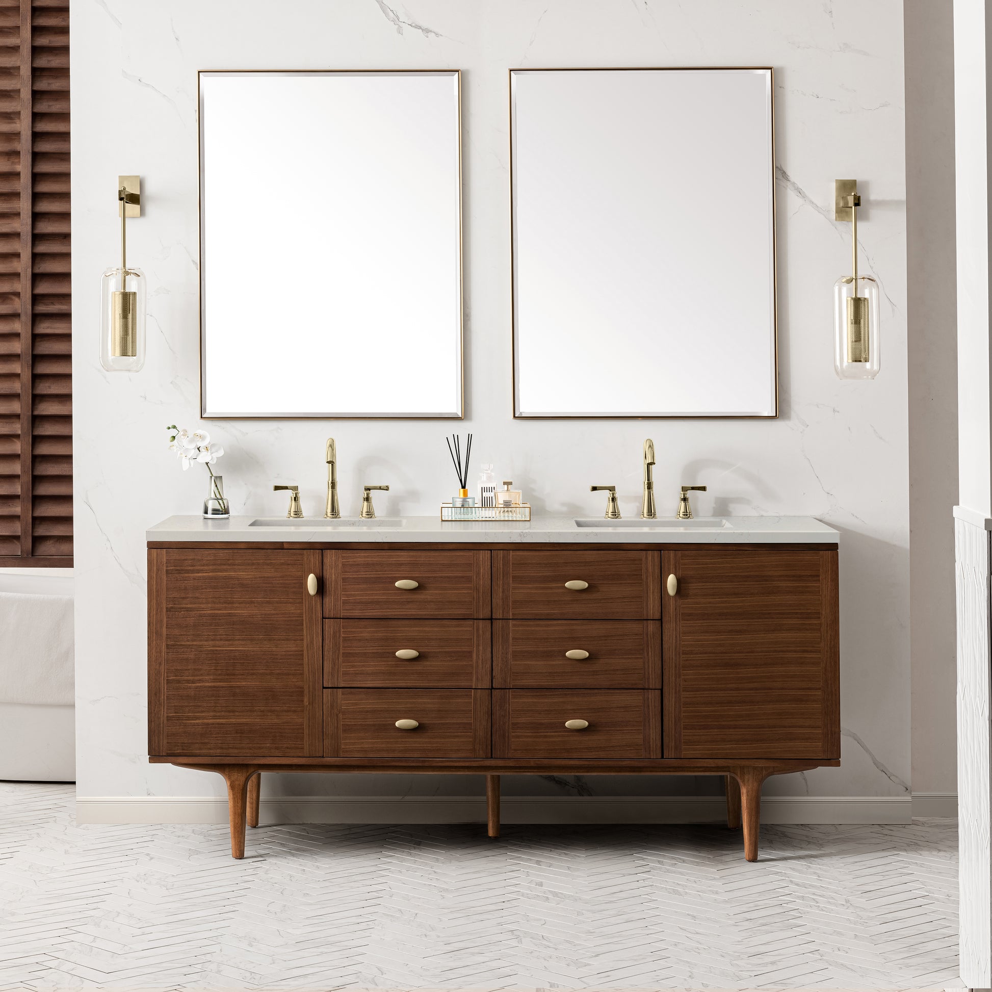 Renovate for Less Atlanta Amberly 72" Double Vanity, Mid-Century Walnut, w/ 3 CM Siberian Silestone Top