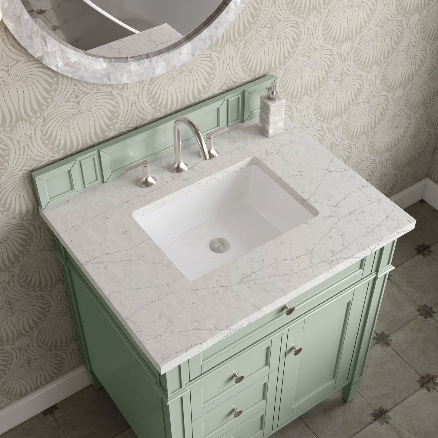 Renovate for Less Atlanta Brittany 30" Single Vanity, Sage Green, w/ 3 CM Eternal Jasmine Pearl Silestone Top