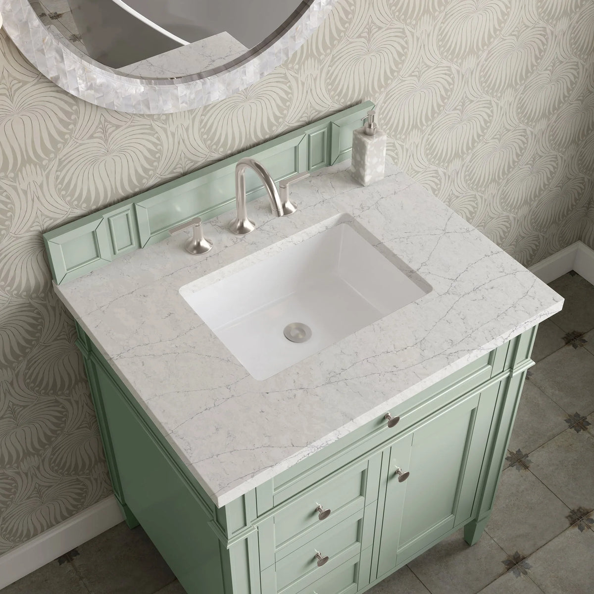 Brittany 30" Single Vanity, Sage Green, w/ 3 CM Eternal Jasmine Pearl Silestone Top