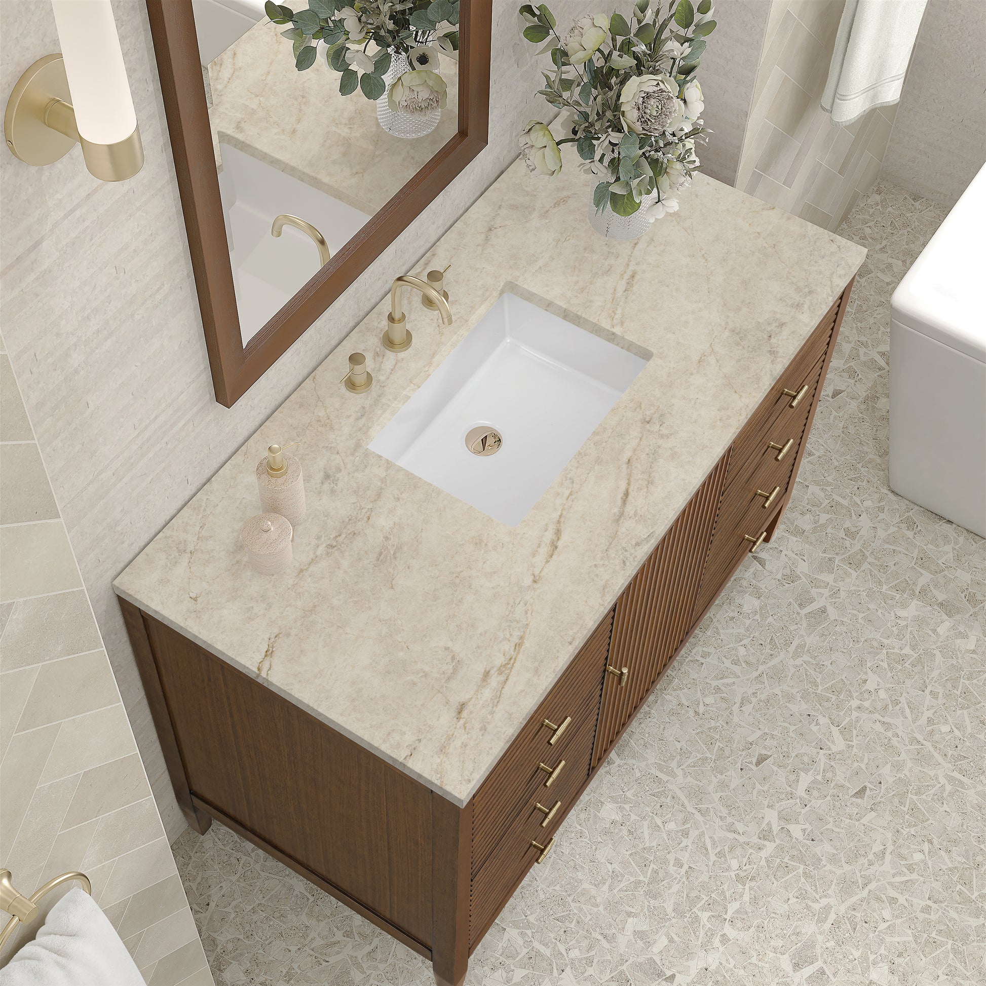 Renovate for Less Atlanta Myrrin 48" Single Vanity, Mid Century Walnut, w/ 3 CM Tajnar Eclos Top
