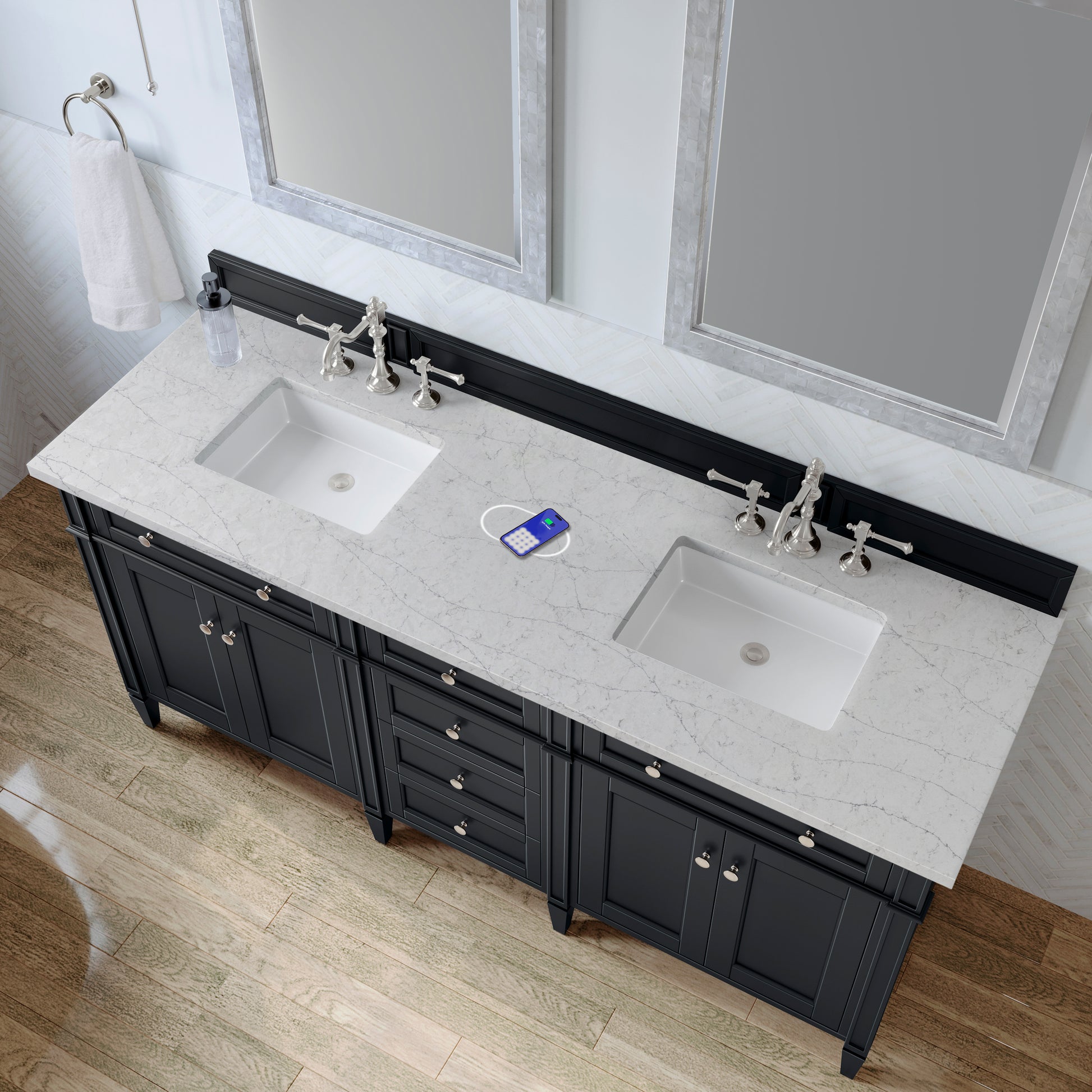 Renovate for Less Atlanta Brittany 72" Double Vanity, Black Onyx w/ 3 CM Eternal Jasmine Pearl Silestone Top w/FreePower Wireless Charger