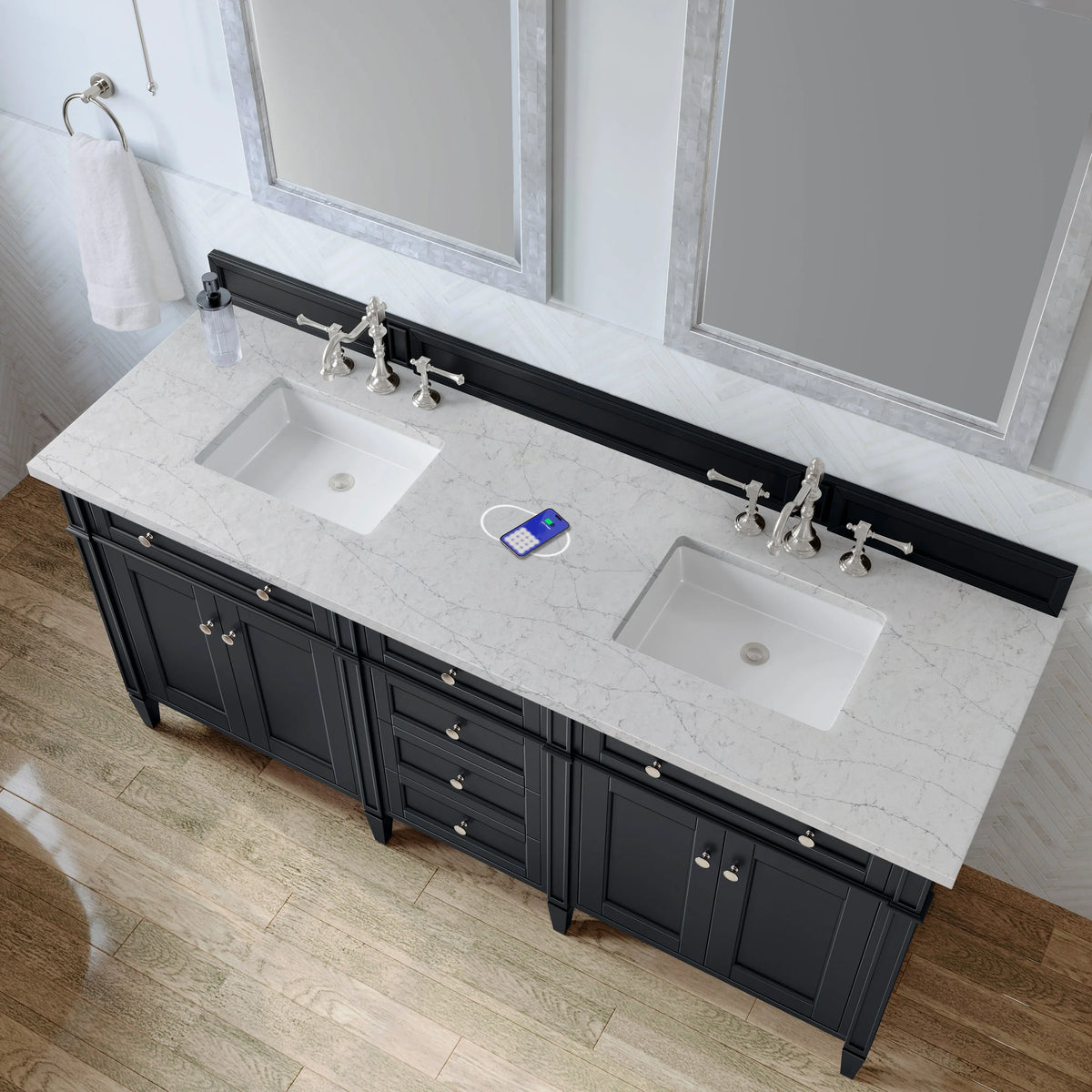 Brittany 72" Double Vanity, Black Onyx w/ 3 CM Eternal Jasmine Pearl Silestone Top w/FreePower Wireless Charger