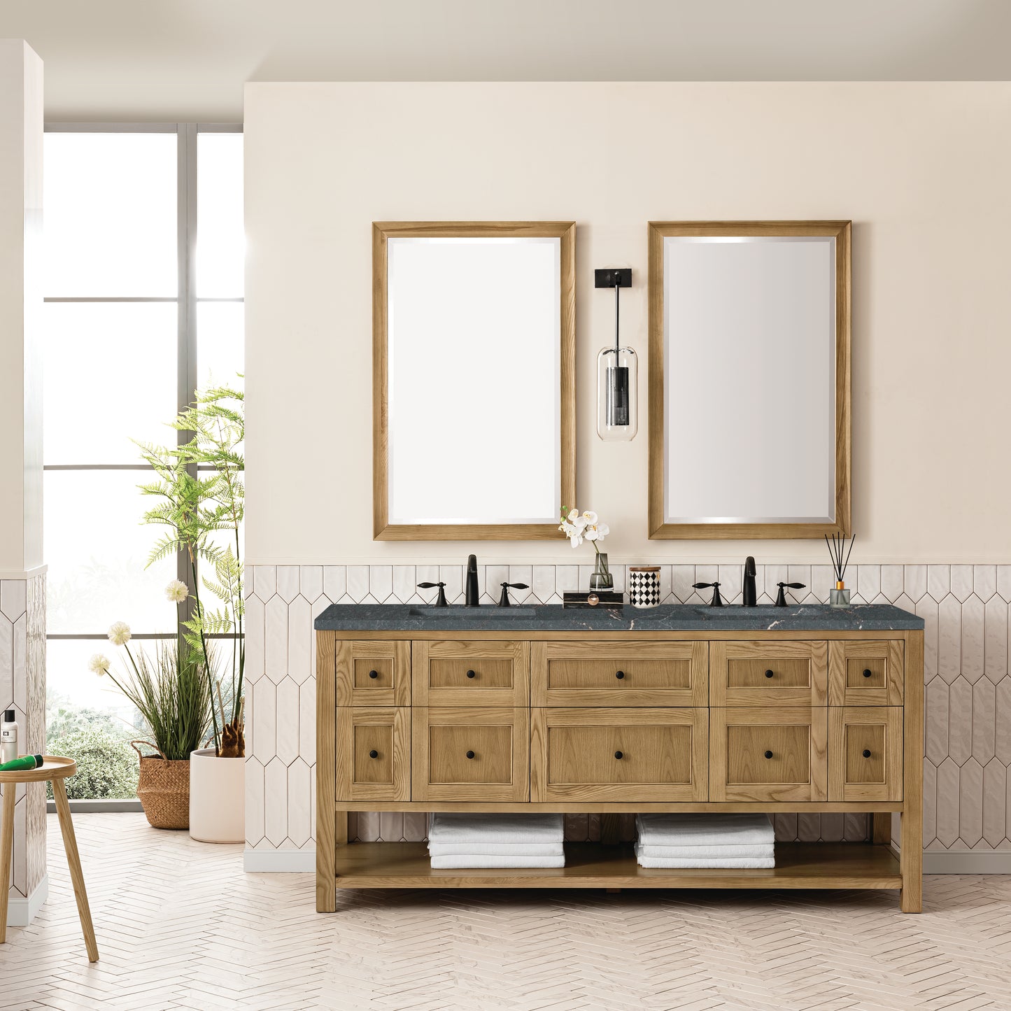 Renovate for Less Atlanta Breckenridge 72" Double Vanity, Light Natural Oak w/ 3 CM Parisien Bleu Top w/FreePower Wireless Charger