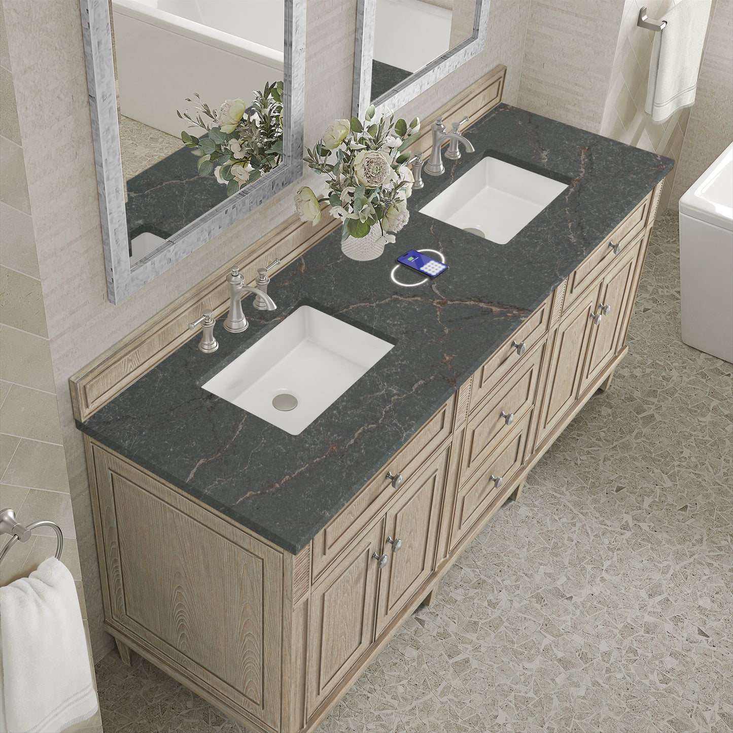 Renovate for Less Atlanta Lorelai 72" Double Vanity, Whitewashed Oak w/ 3 CM Parisien Bleu Silestone Top w/FreePower Wireless Charger