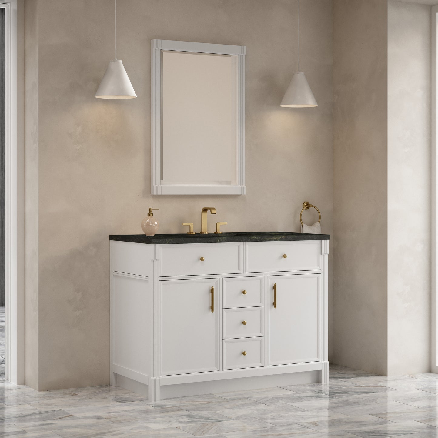 Renovate for Less Atlanta Bellshire 48" Single Vanity, Bright White w/ 3 CM Phantome Eclos Top