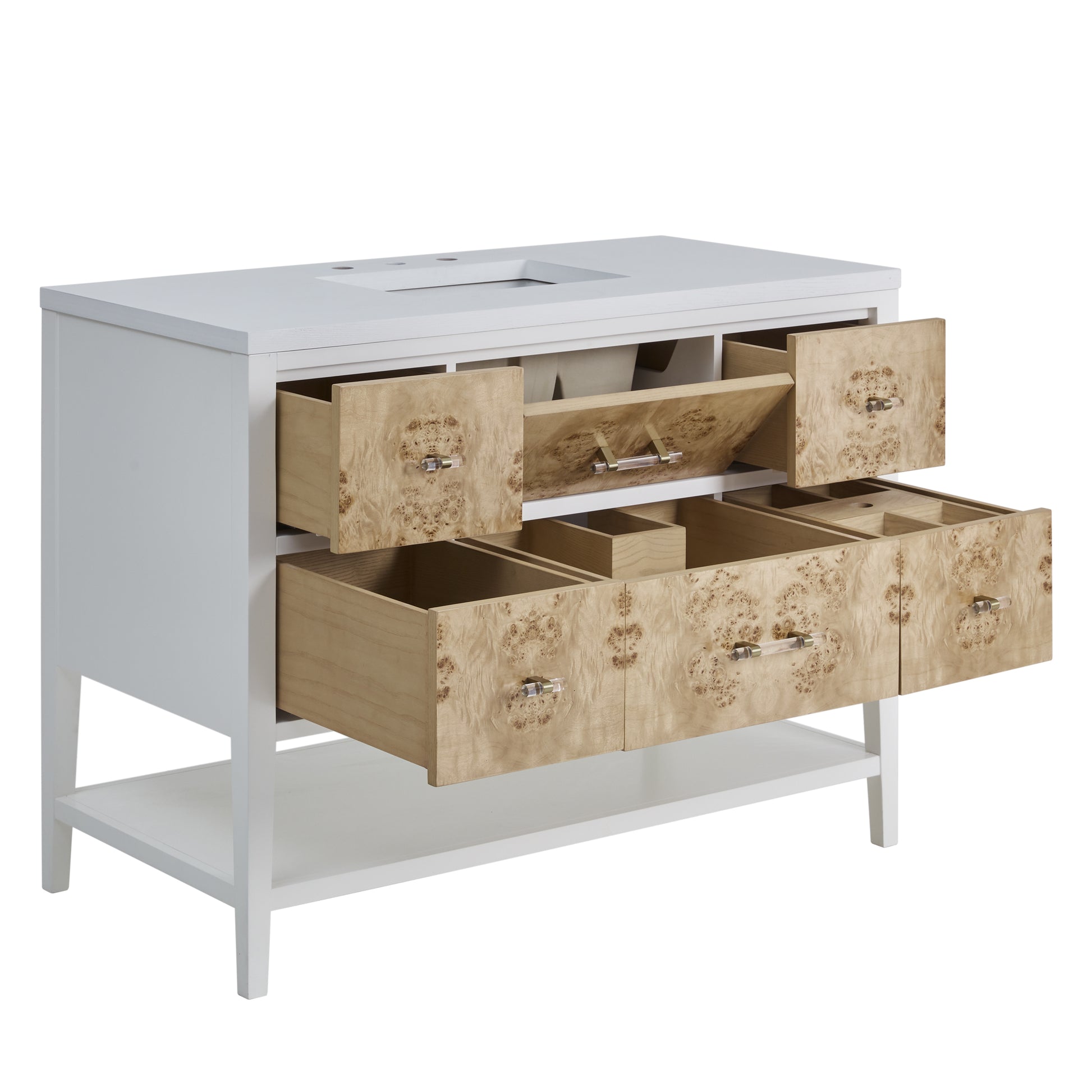 Renovate for Less Atlanta Olena 48" Single Vanity, Light Mappa Burl and Polished White w/ 3 CM White Zeus Silestone Top