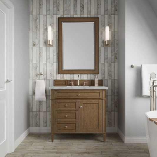 Brittany 36" Single Vanity, Saddle Brown w/ 3 CM Victorian Silver Silestone Top