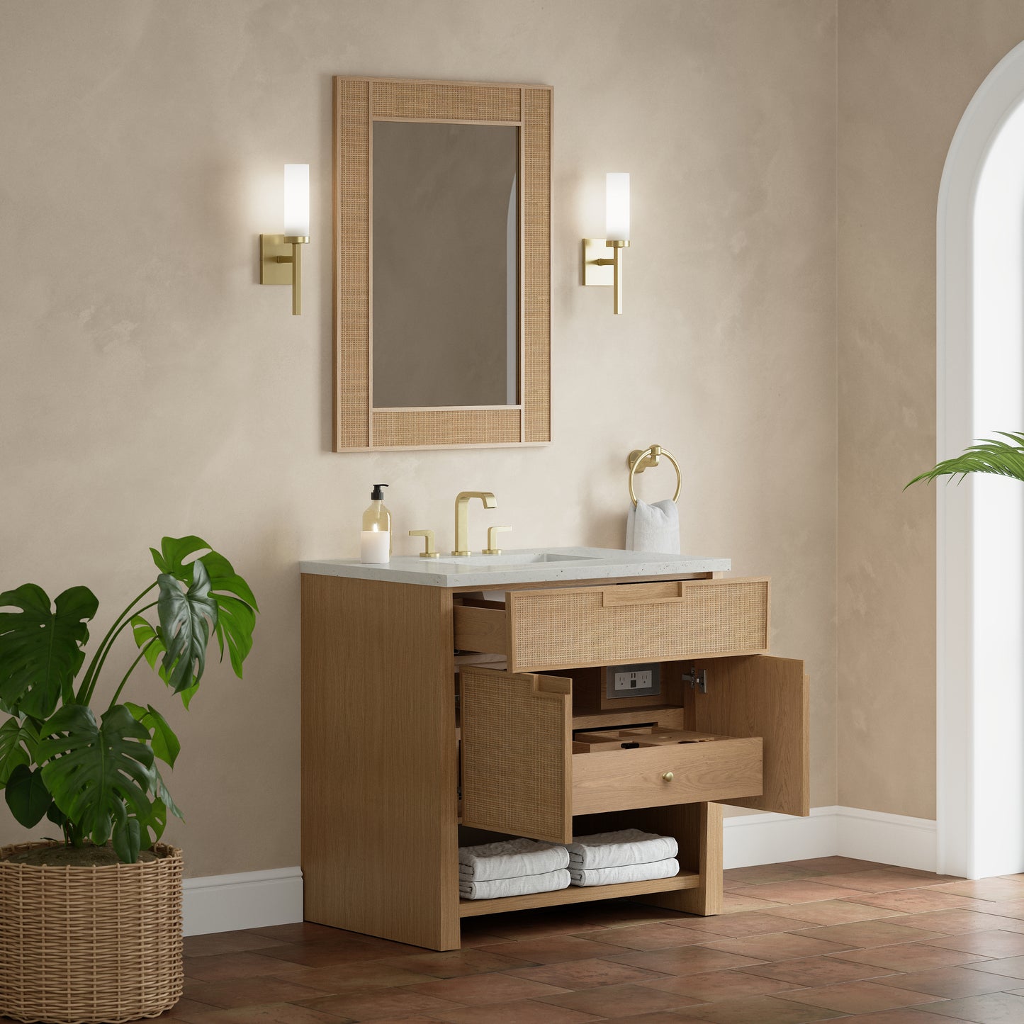 Renovate for Less Atlanta Solene 36" Single Vanity, Seaside Oak, w/ 3 CM Lime Delight Quartz Top