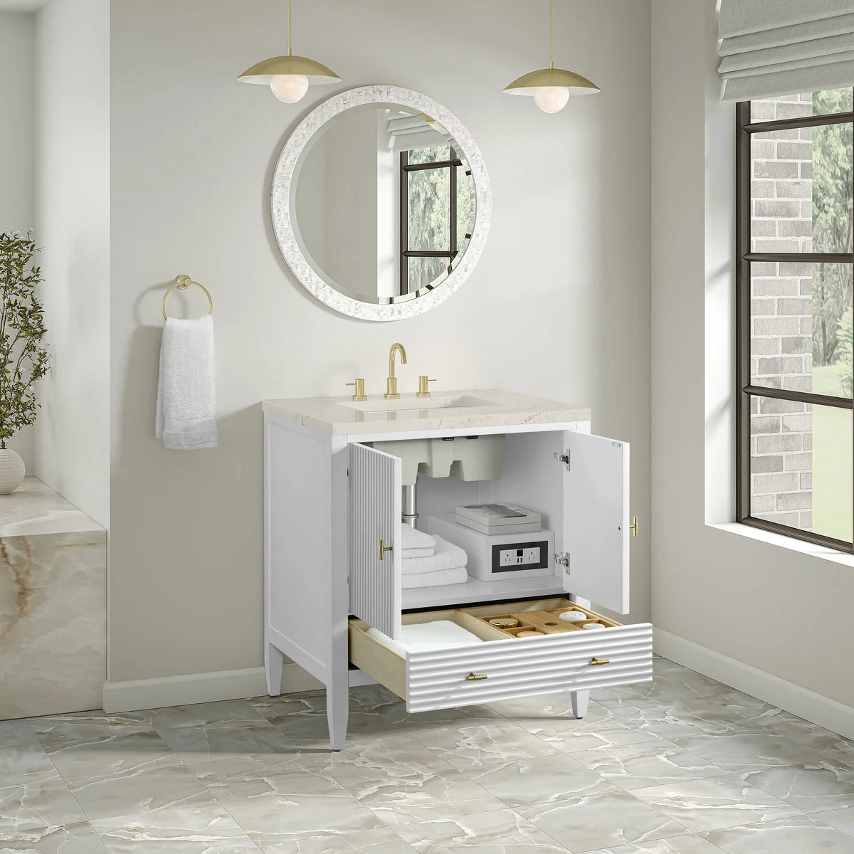 Myrrin 30" Single Vanity, Bright White w/ 3 CM Siberian Silestone Top