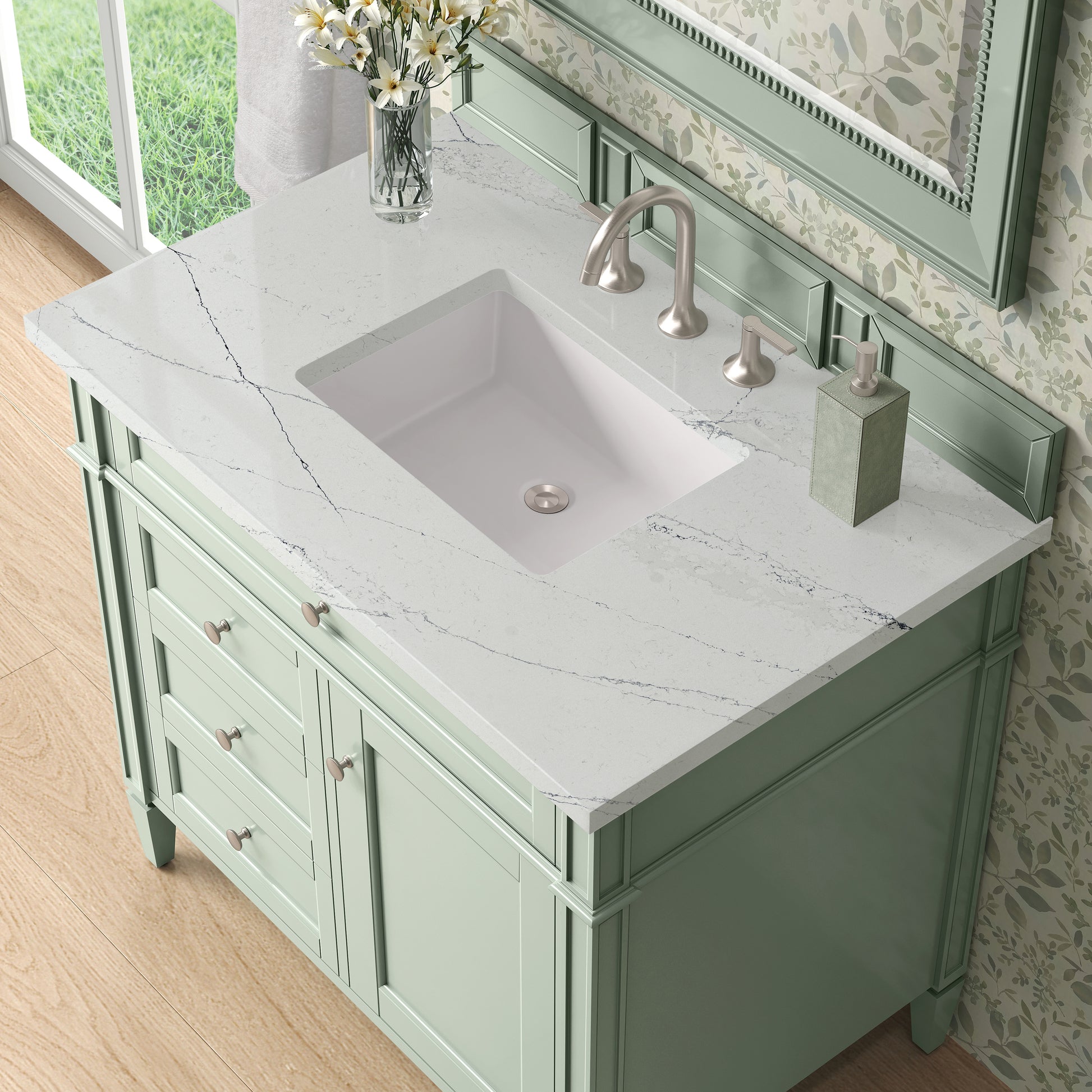 Renovate for Less Atlanta Brittany 36" Single Vanity, Sage Green w/ 3 CM Ethereal Noctis Silestone Top