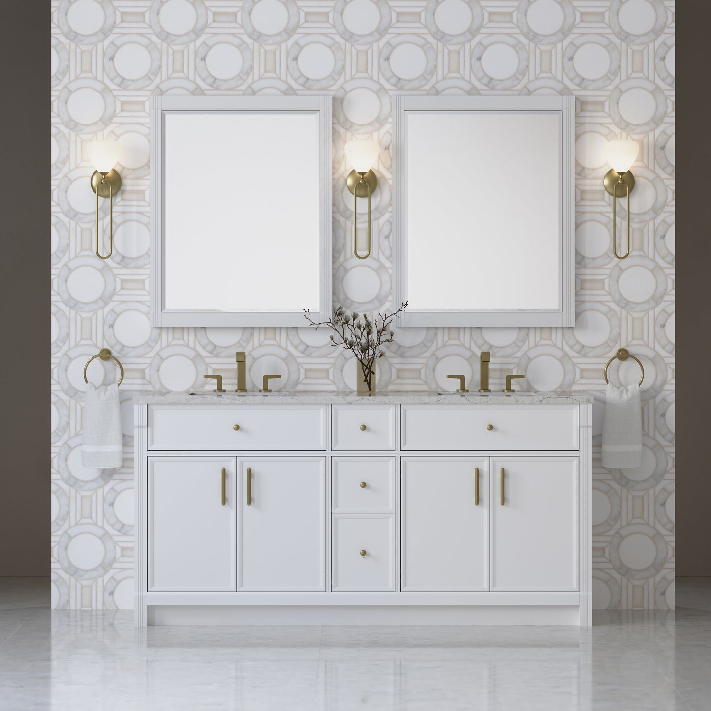 Renovate for Less Atlanta Bellshire 72" Double Vanity, Bright White w/ 3 CM Eternal Jasmine Pearl Silestone Top