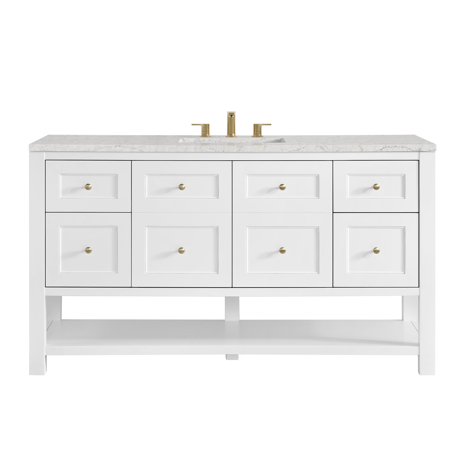 Renovate for Less Atlanta Breckenridge 60" Single Vanity, Bright White, w/ 3 CM Eternal Jasmine Pearl Silestone Top w/ FreePower Wireless Charger