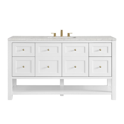 Renovate for Less Atlanta Breckenridge 60" Single Vanity, Bright White, w/ 3 CM Eternal Jasmine Pearl Silestone Top w/ FreePower Wireless Charger