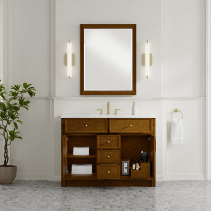 Renovate for Less Atlanta Bellshire 48" Single Vanity, Honey Oak w/ 3 CM White Zeus Silestone Top