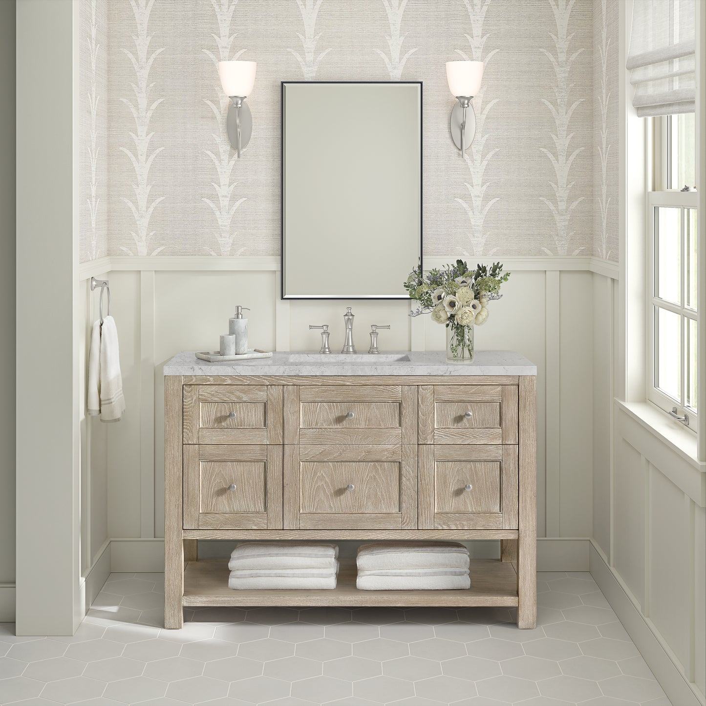 Renovate for Less Atlanta Breckenridge 48" Single Vanity, Whitewashed Oak w/ 3 CM Eternal Jasmine Pearl Silestone Top