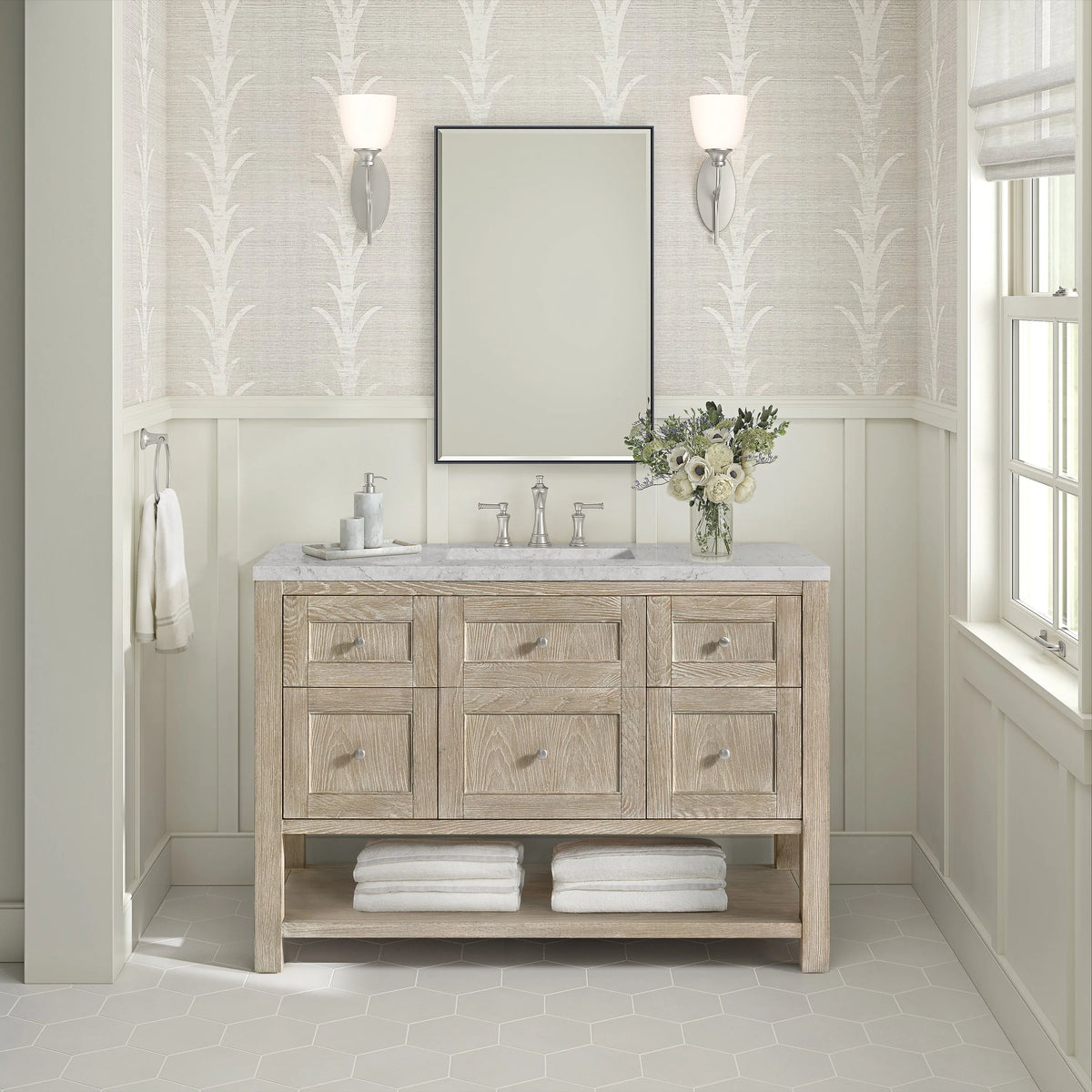 Breckenridge 48" Single Vanity, Whitewashed Oak w/ 3 CM Eternal Jasmine Pearl Silestone Top